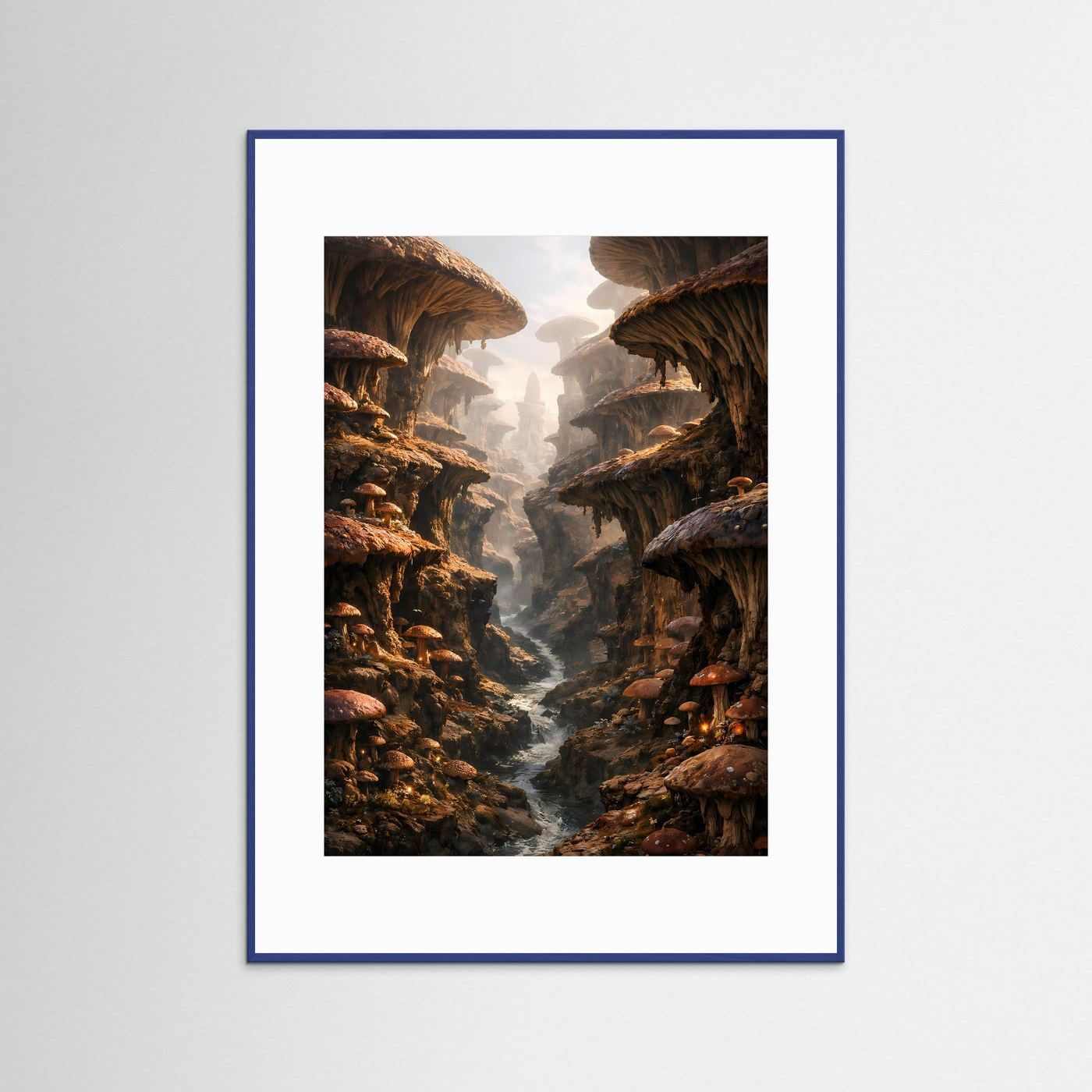 Fantasy-Poster im blauen Holzrahmen mit surreellem Canyon, Pilzhöhlen und Nebelpfad