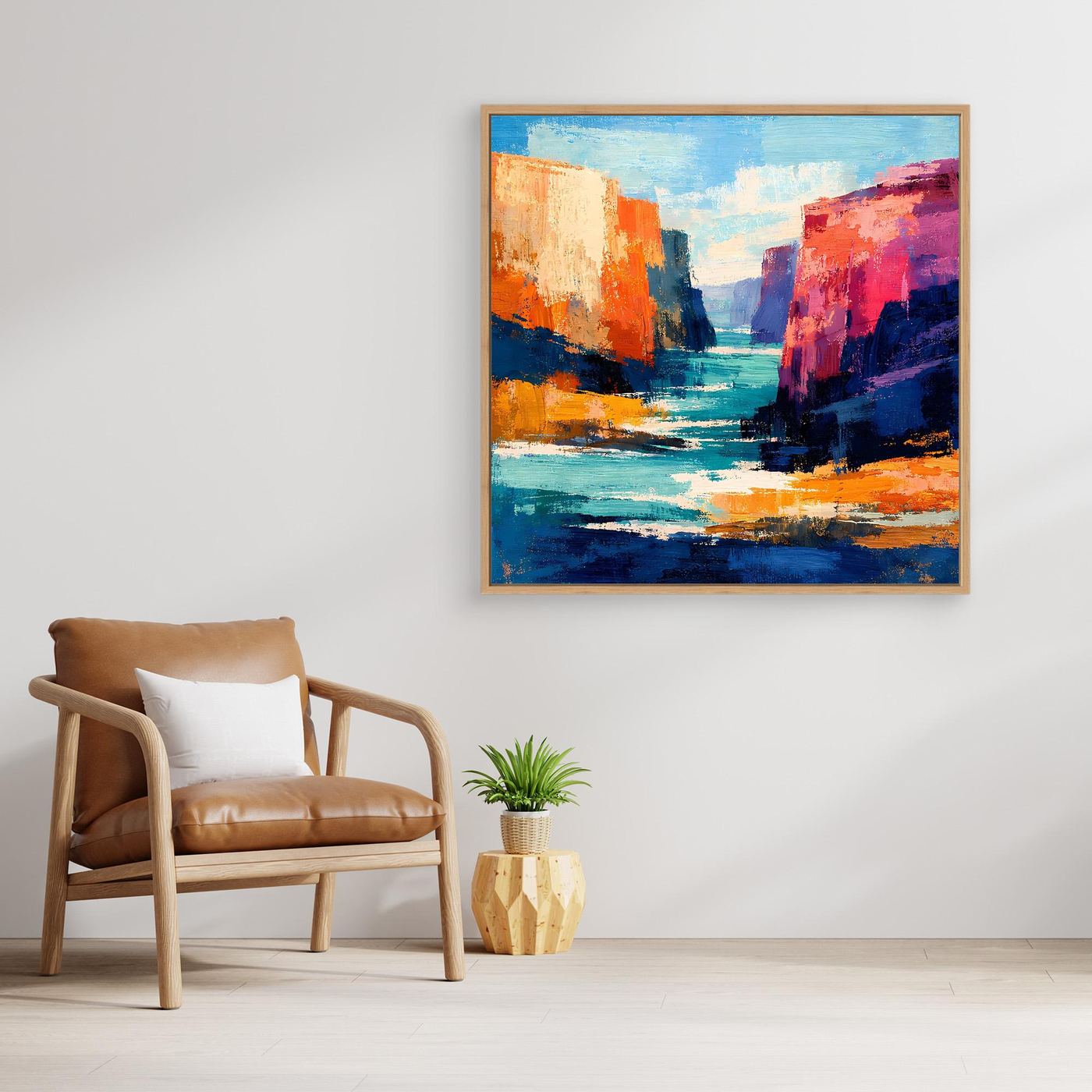 Gerahmtes abstraktes Leinwand-Wandbild mit Canyon- und Flussmotiv, blau-orange Farbakzente