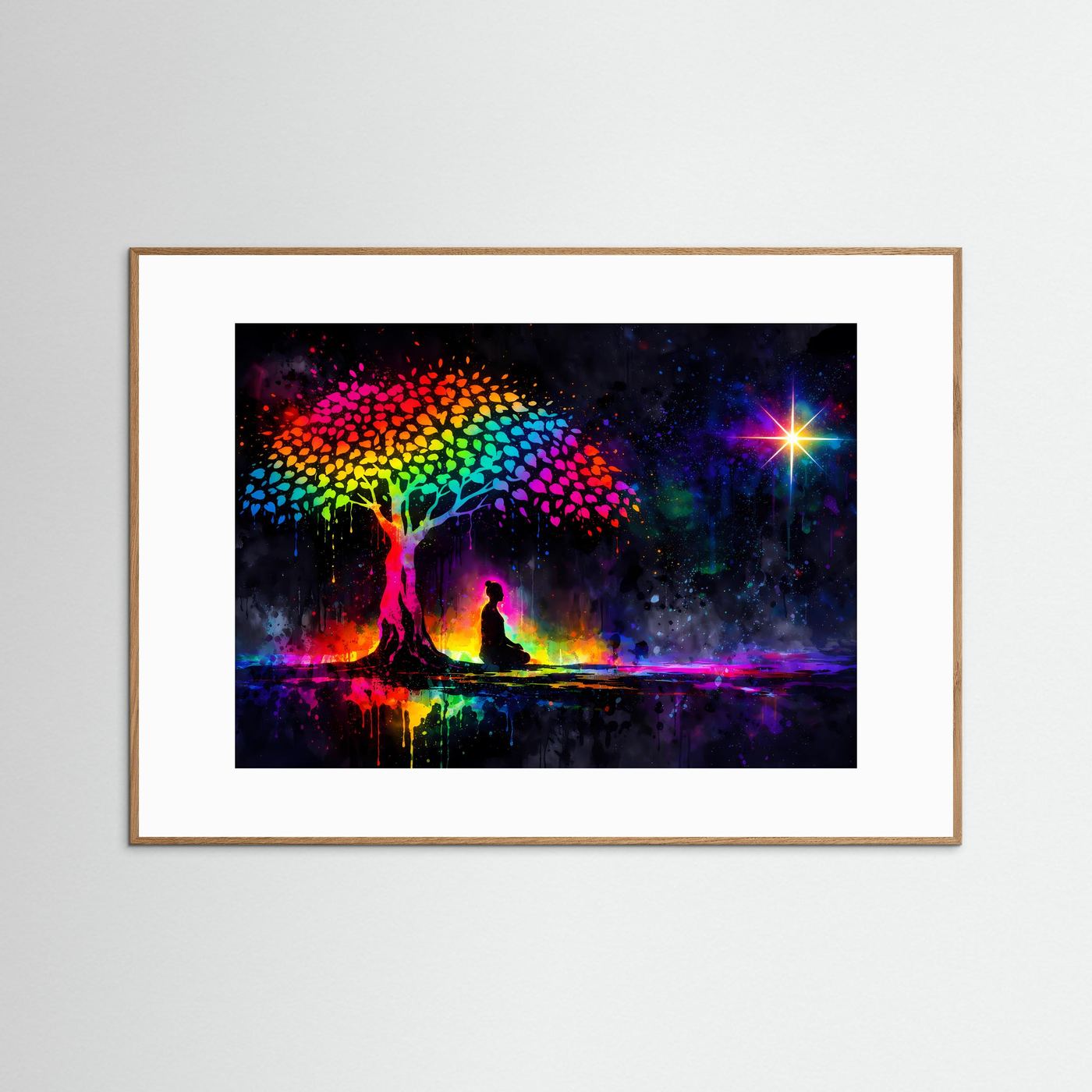 Poster: Regenbogenbaum & meditierende Silhouette, farbiges Leuchtbild, helle Holzfassung