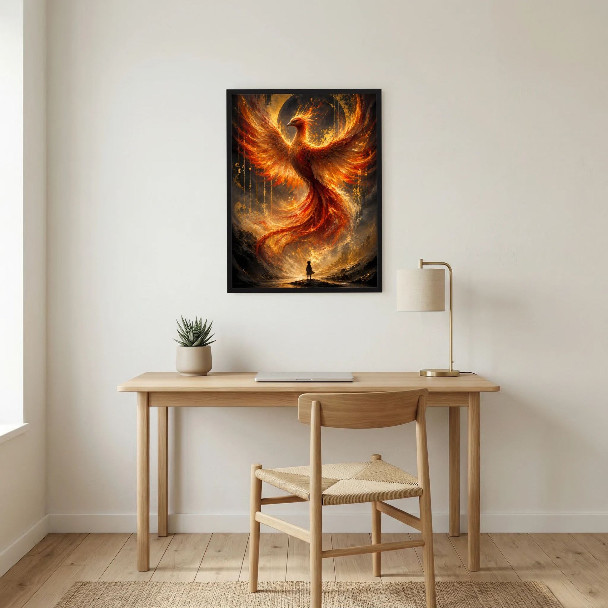 Hochformat-Poster mit Phönix aus Feuer, warmes Gold und Orange, schwarzer Rahmen