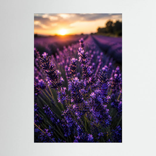 Lavendel-Poster mit violetten Blüten im Abendlicht, ohne Rahmen