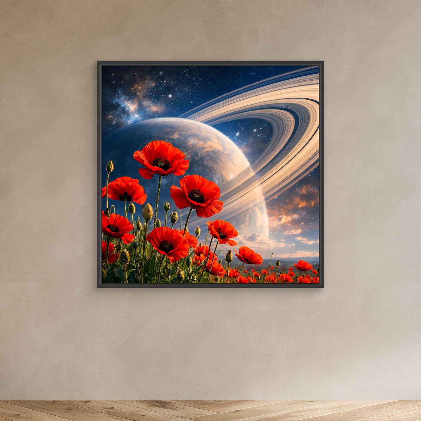 Leinwandbild mit roten Mohnblumen und Weltall-Motiv im schwarzen Rahmen