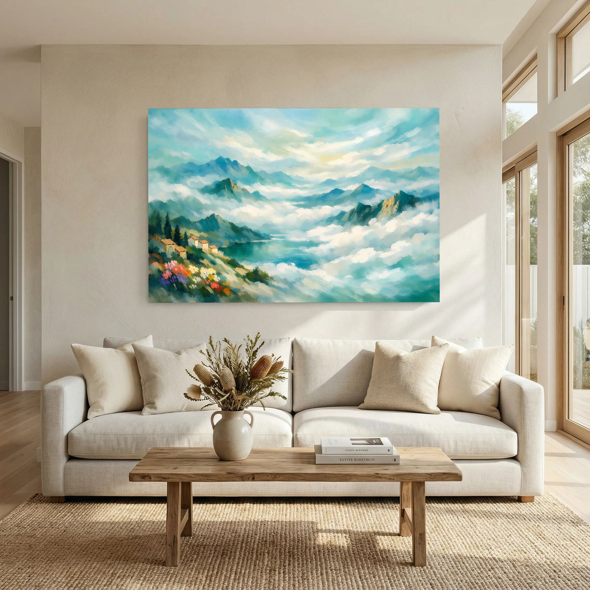 Wandbild mit nebeliger Berglandschaft und Blumenhang, Querformat über Sofa.