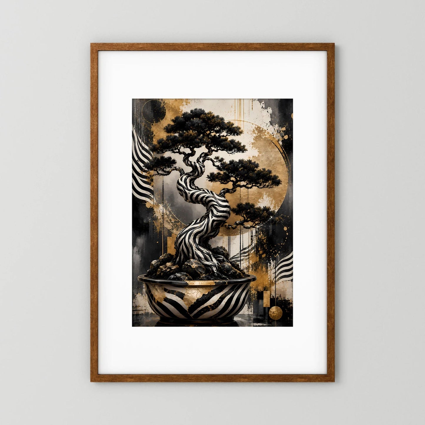 Zebra Bonsai | Abstrakter Baum in Schwarz Weiß Gold | Poster Hochformat
