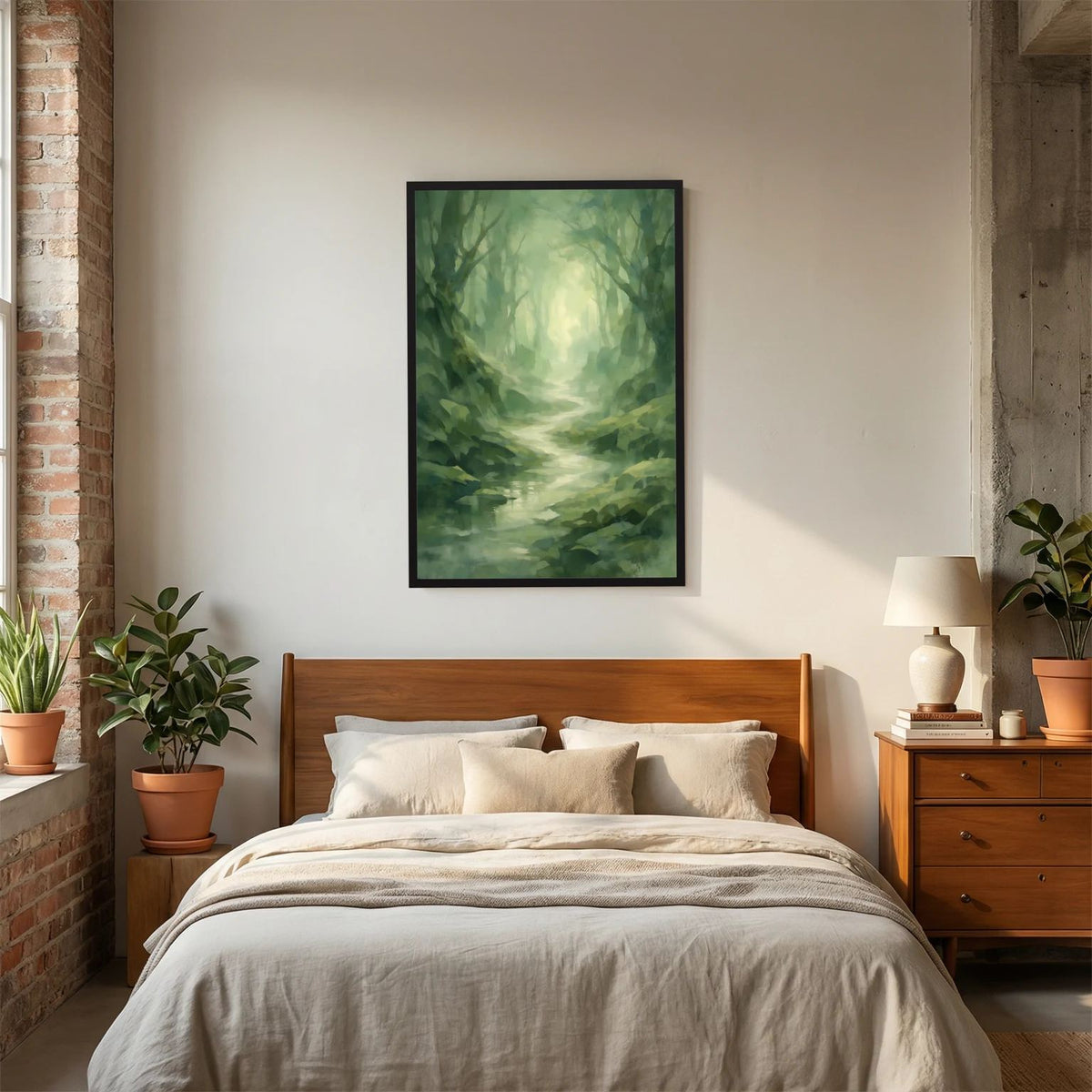 Hochformatiges Waldposter mit grünem Nebelwald und Bach im schwarzen Rahmen