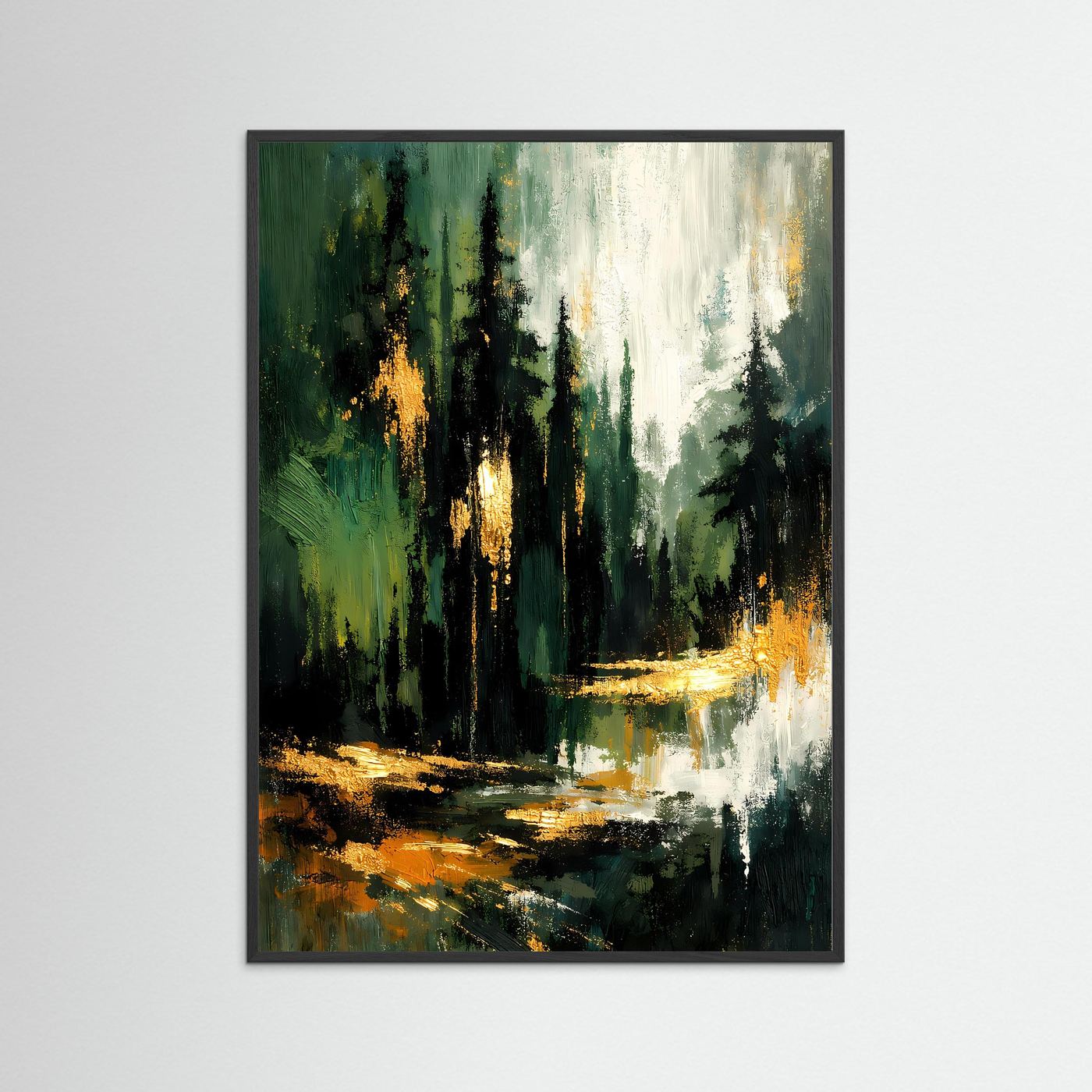 Hochformatiges Poster im schwarzen Rahmen mit abstraktem Tannenwald, smaragdgrün und Gold