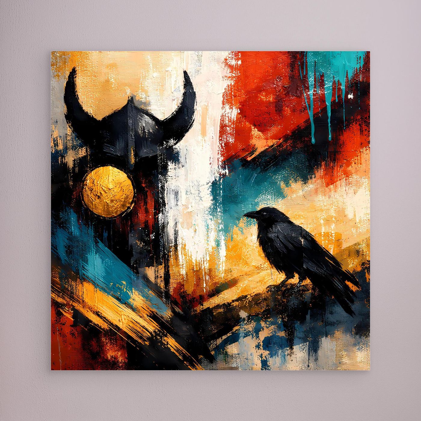 Abstraktes Wandbild mit Wikingerhelm und Rabe sowie goldener Kugel, ohne sichtbaren Rahmen