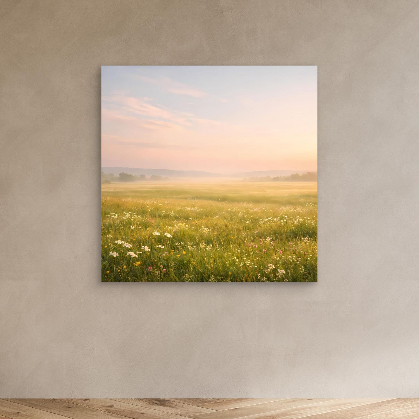 Leinwandbild Neblige Blumenwiese mit Wildblumen, goldgrüne Wiese und zarter Dämmerung