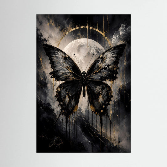 Schmetterlingsposter im Hochformat: schwarze Flügel, goldener Halbmond, dunkler Hintergrund