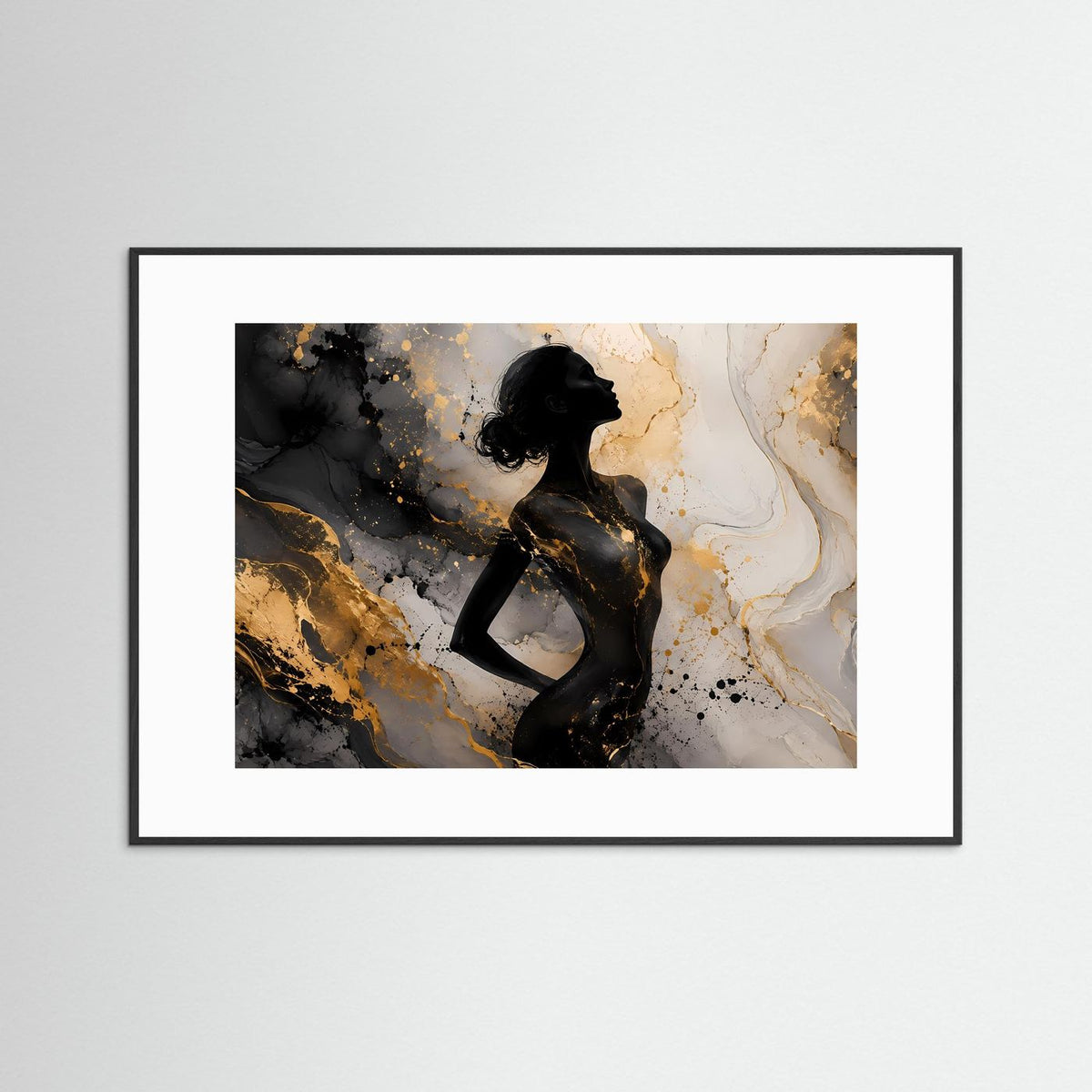 Abstraktes Frauen-Silhouetten-Wandbild im schwarzem Rahmen: schwarze Figur, gold-grauer Marmor