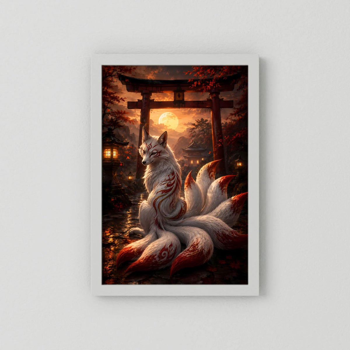 Hochformat-Poster mit Fuchs mit neun Schwänzen, Tempeltor unter Mondschein