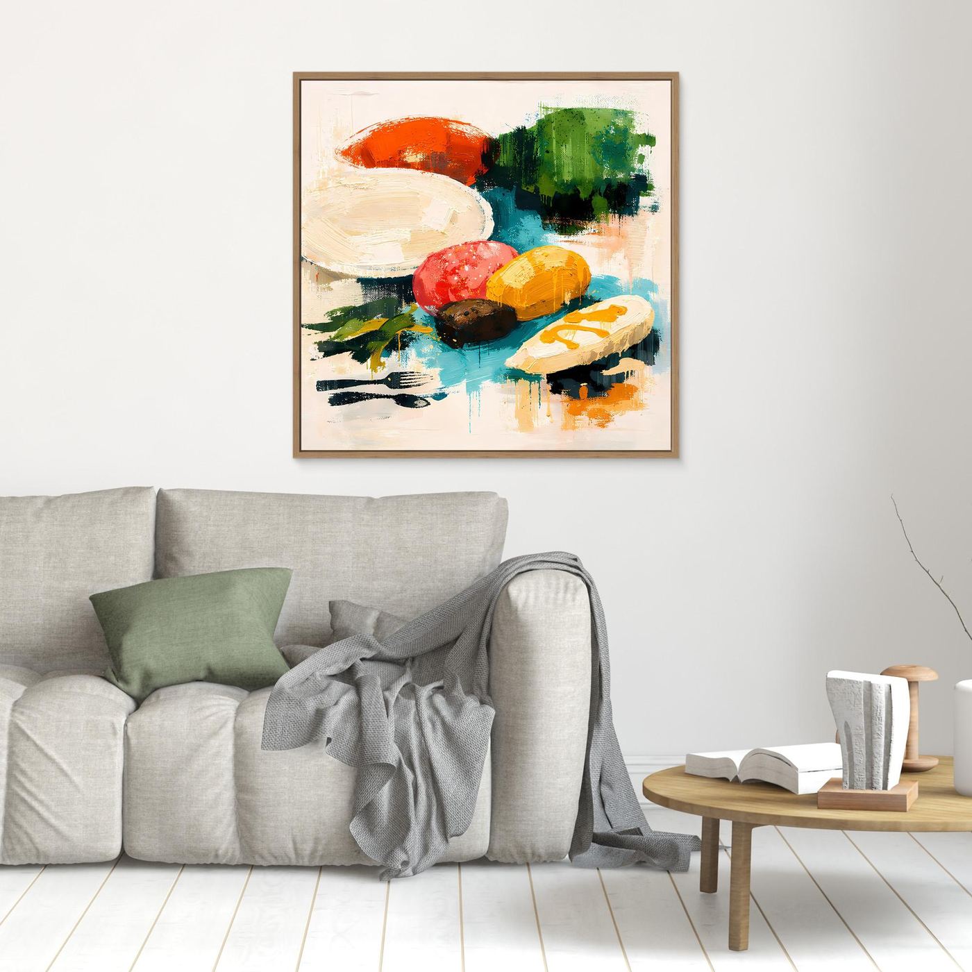 Abstraktes Wandbild mit braunem Rahmen, kleines Stillleben mit Obst und Oliven, kräftig koloriert.