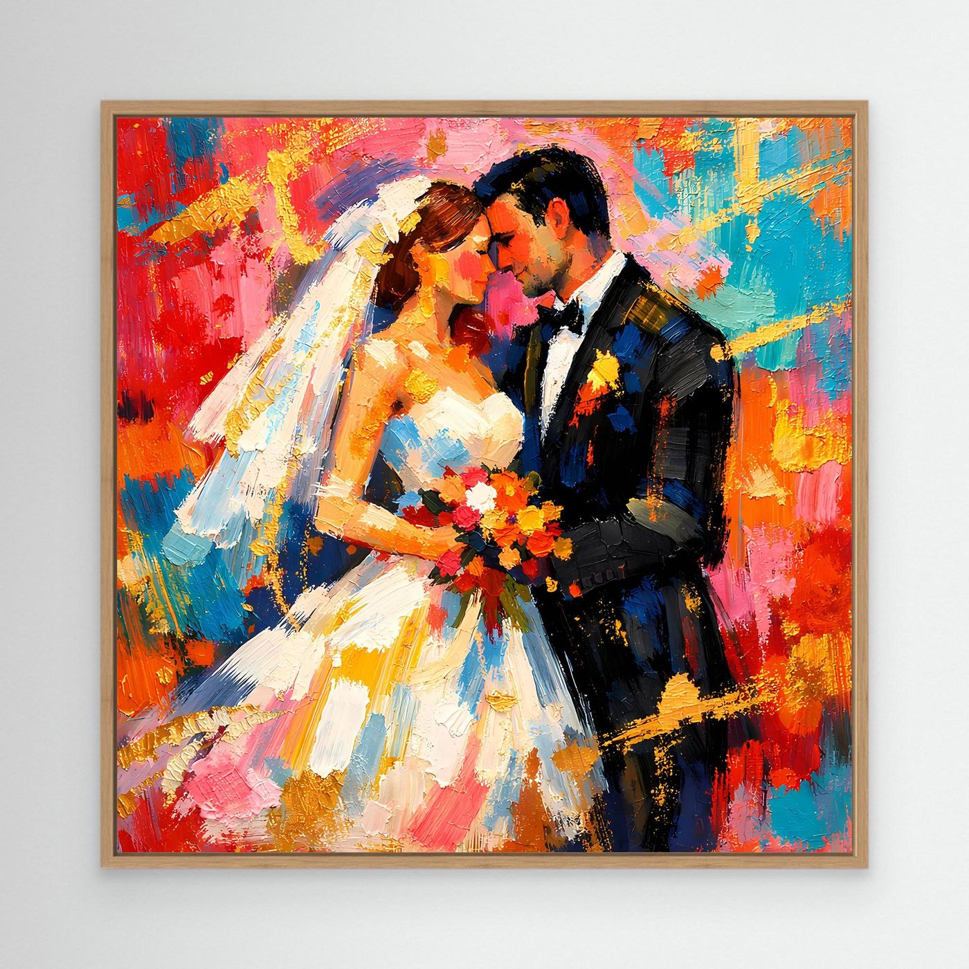 Leinwandbild mit romantischem Brautpaar im hellen Holzrahmen, buntes Hochzeitbild