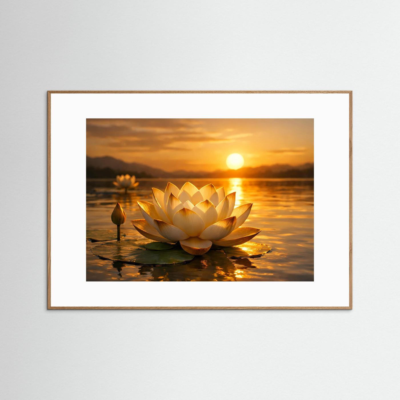 Gerahmtes Poster mit Lotusblüte auf Wasser im goldenen Sonnenuntergang, helle Holzoptik