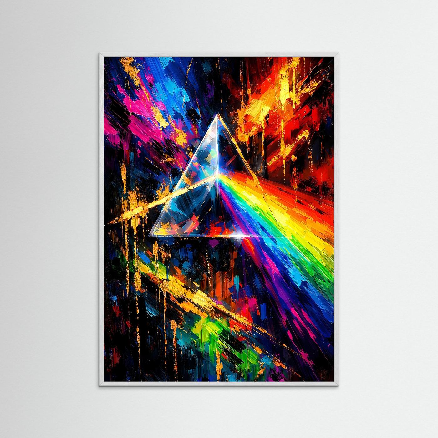 Abstraktes Prisma-Poster mit weißem Rahmen, regenbogenfarbene Lichtstrahlen und Dreieckskern