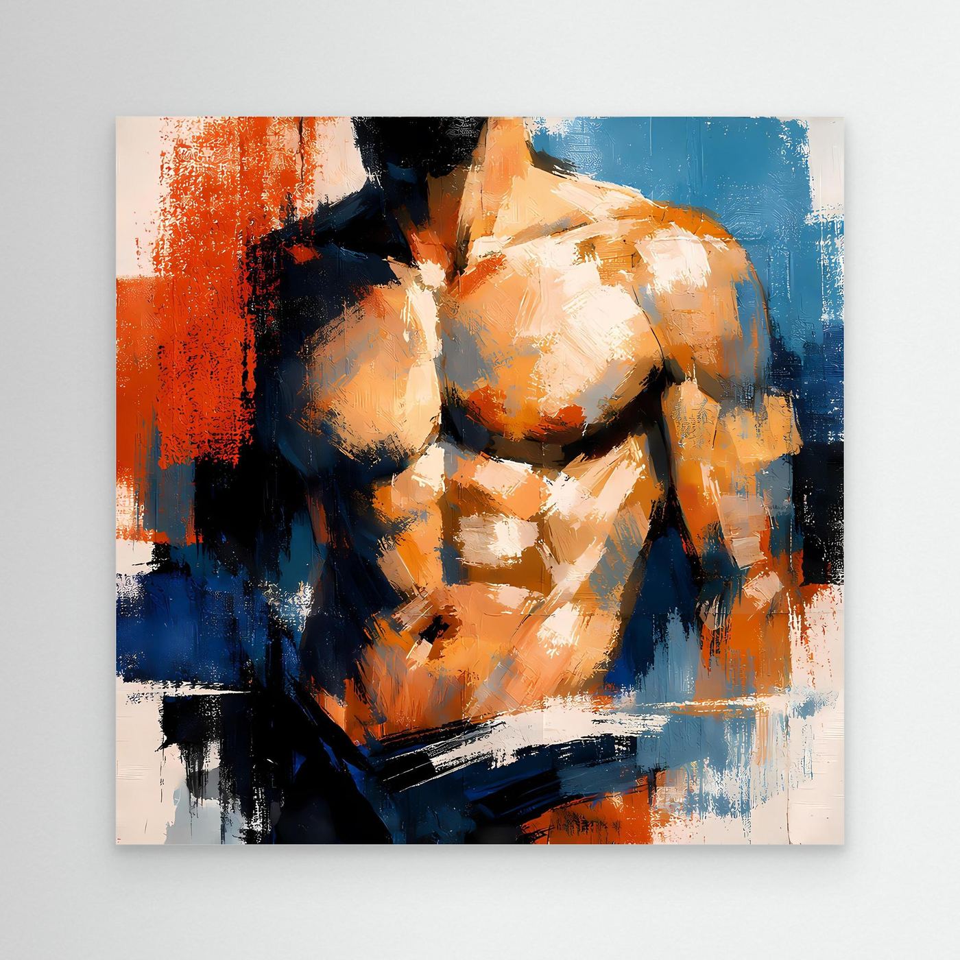 Athletic male torso canvas wall art, blue orange and black abstract brush strokes