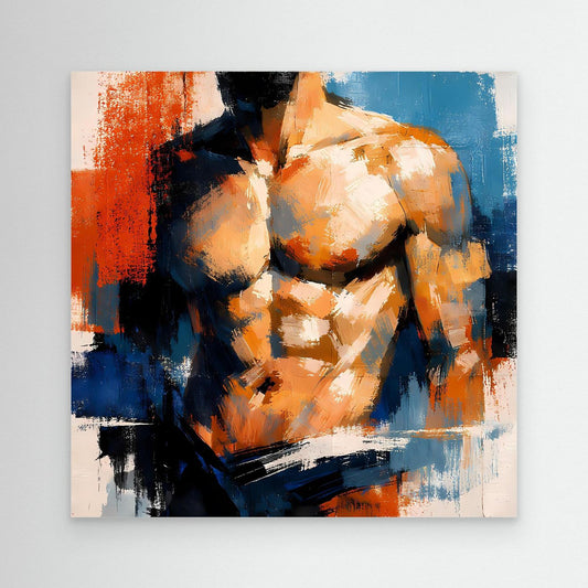 Athletic male torso canvas wall art, blue orange and black abstract brush strokes