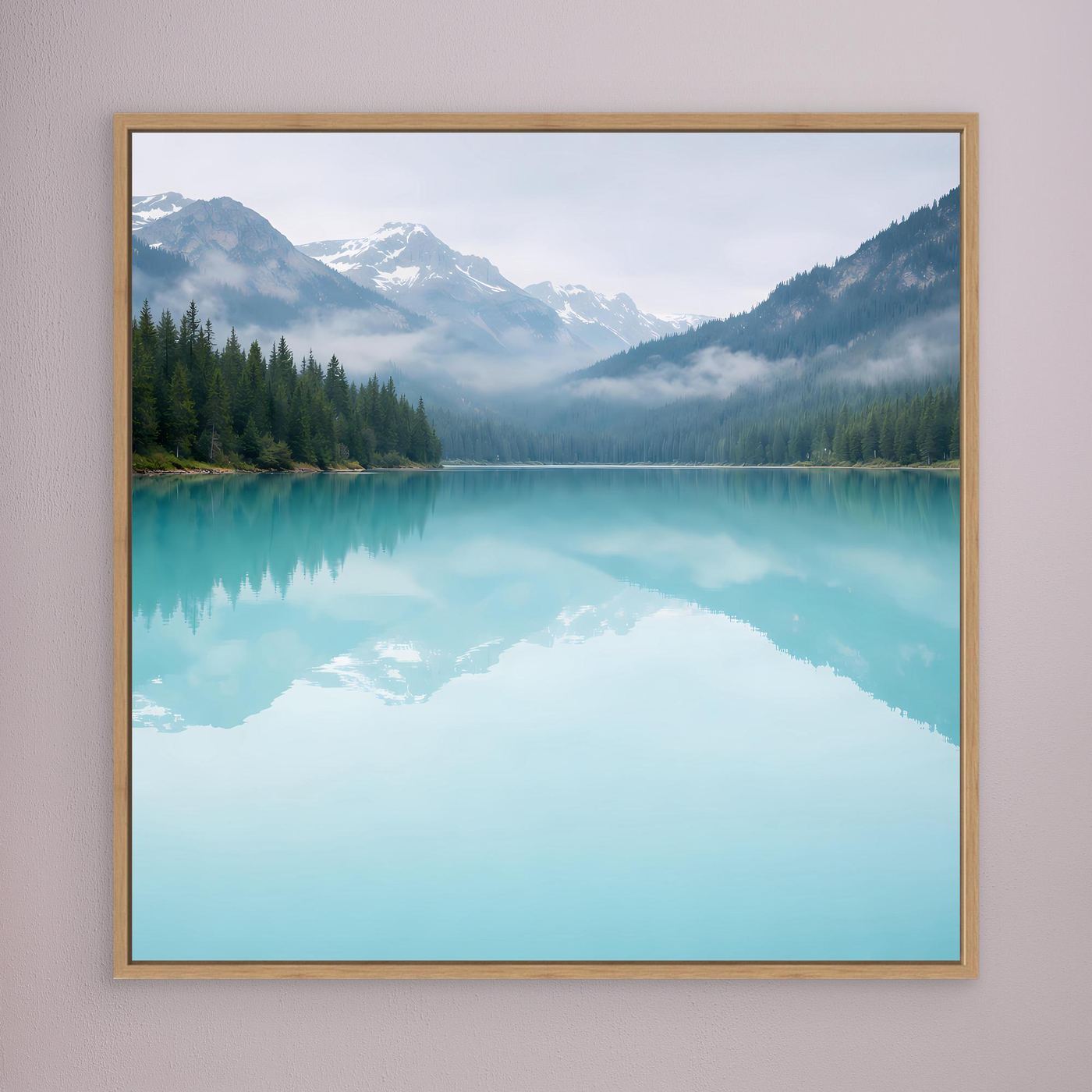 Leinwandbild Bergsee mit türkiser Spiegelung, Berge & Tannenwald, goldbraun gerahmt