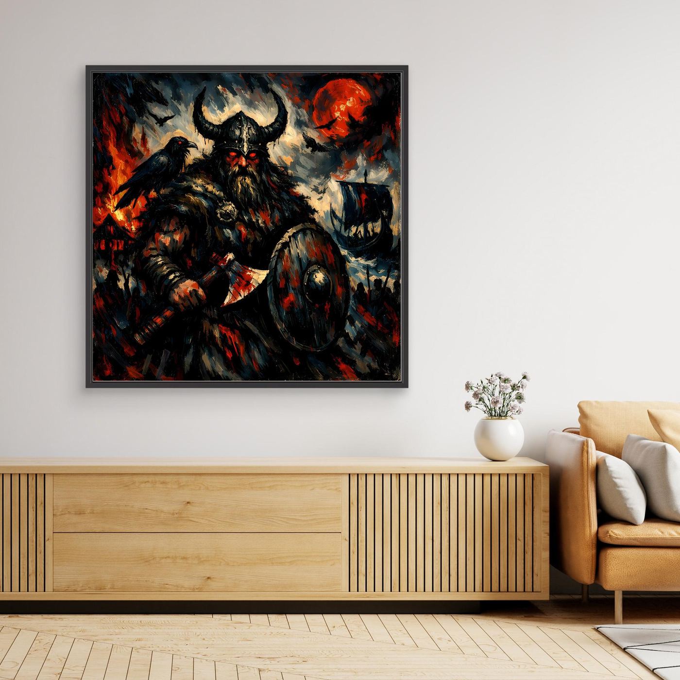 Leinwand Düsterer Wikinger-Krieger unter dem Blutmond | Expressives Nordmann Wandbild