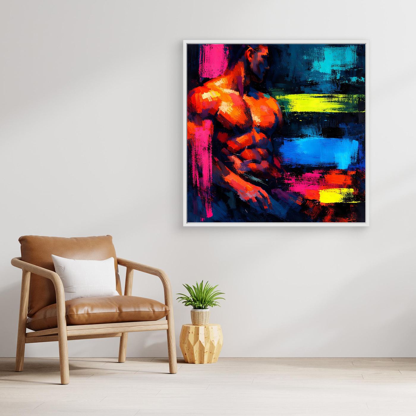 Leinwandbild Abstrakter Männlicher Torso | Moderner Neon-Kunst Wandbild auf echtem Holzkeilrahmen