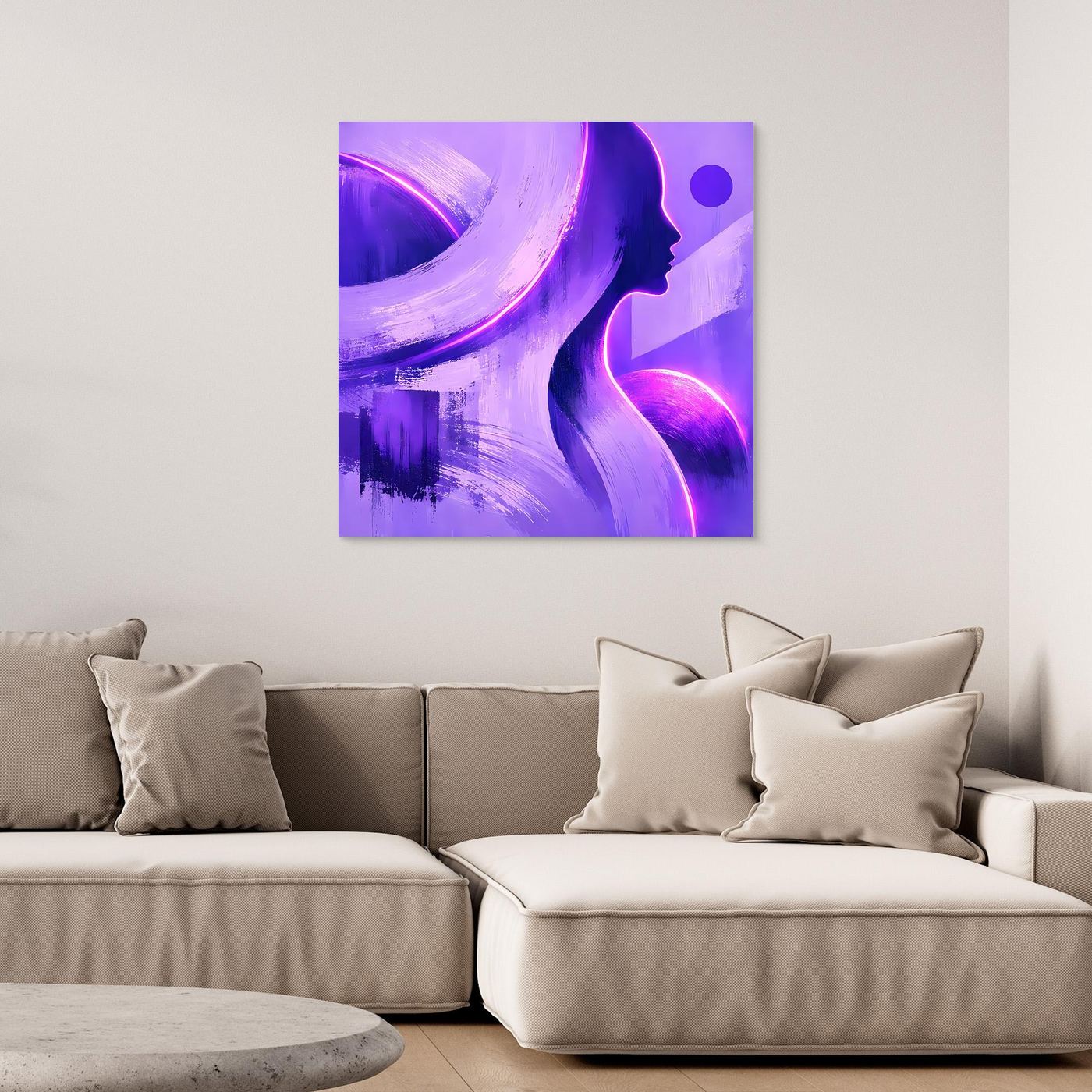 Abstraktes Leinwandbild mit violetter Damen-Silhouette und Neon-Formen, ohne sichtbaren Rahmen