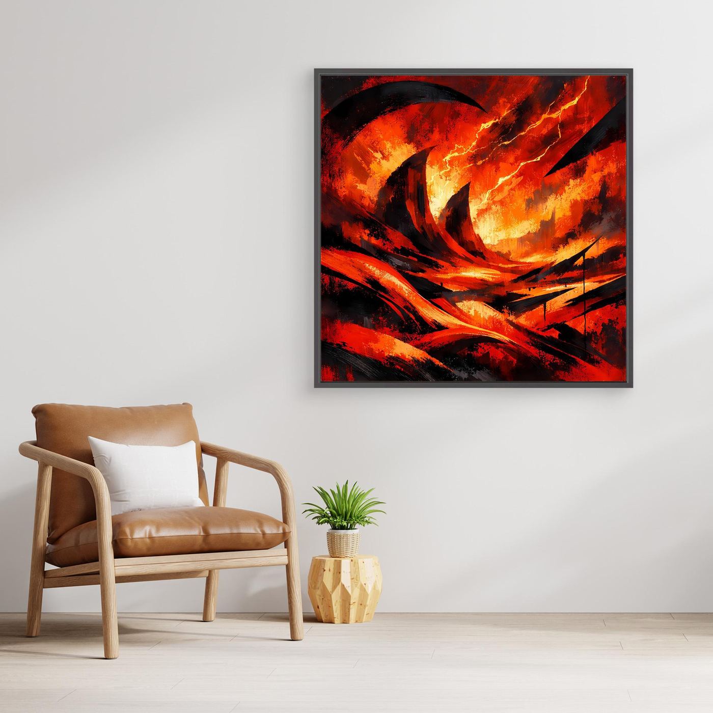 Gerahntes Leinwand-Wandbild mit abstraktem Lava-Feuer und Blitzen, Holzrahmen.