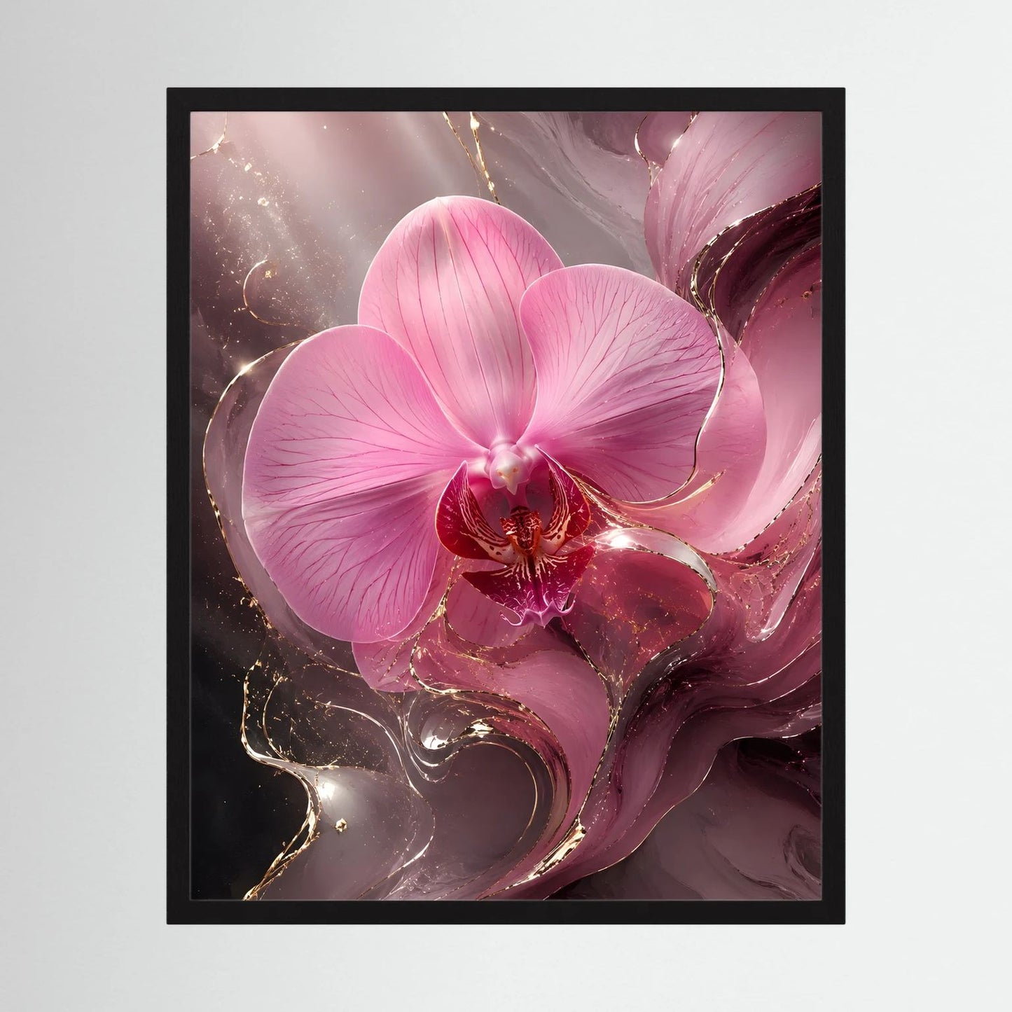 Schwarz gerahmter Druck mit rosa Orchideenblüten und goldenen Akzenten im Hochformat