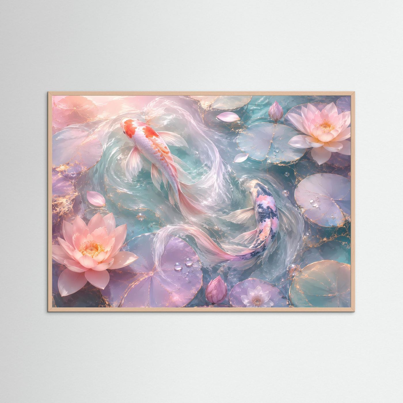 Koi-Karpfen & Lotusblüten in Pastell | Elegante Zen-Wandkunst mit Goldakzenten