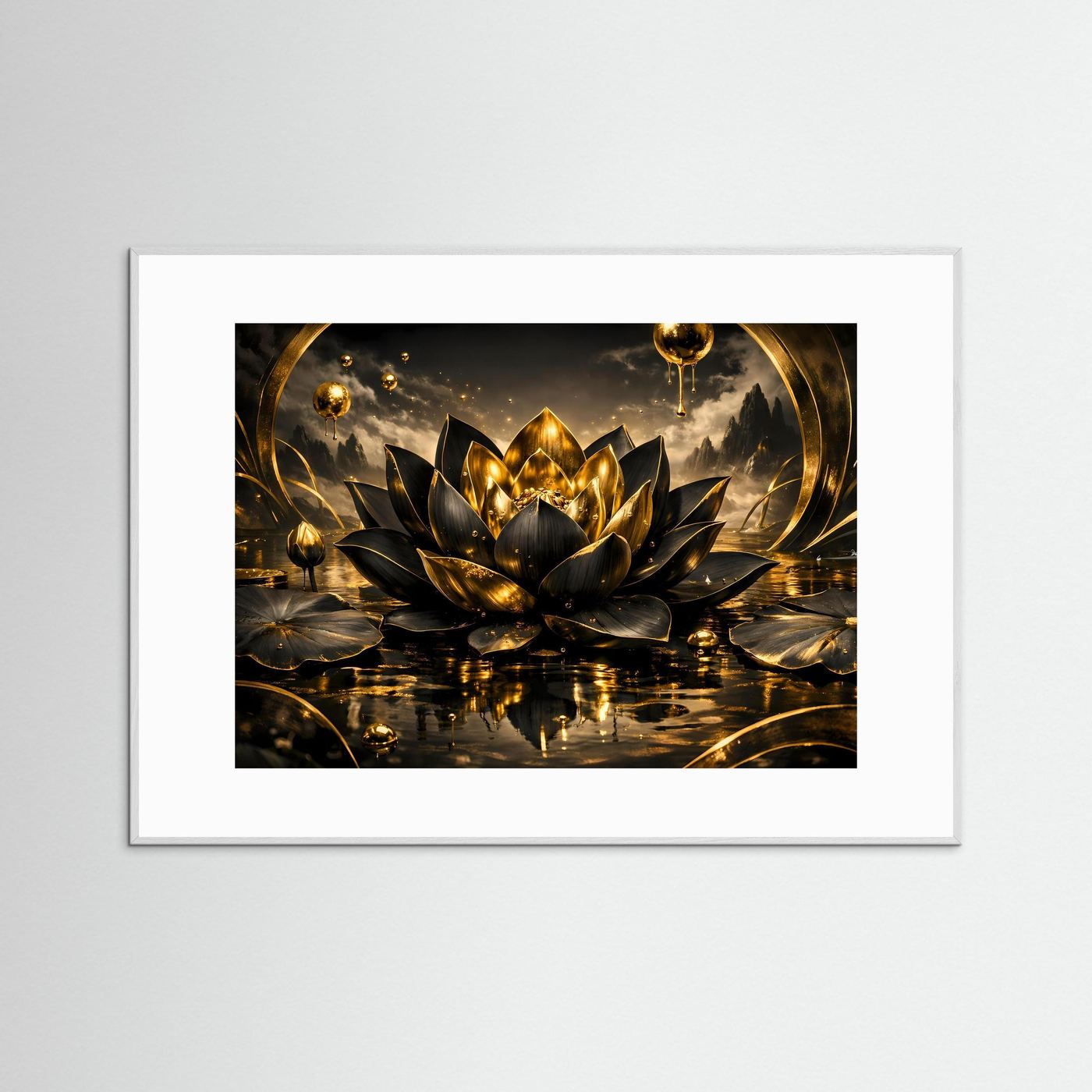 Wandbild: goldene Lotusblüte auf dunklem Wasser, Spiegelungen, weißer Rahmen