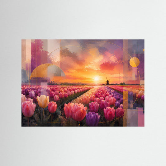 Poster mit Tulpenlandschaft, Windmühle und Sonnenuntergang in Rosa und Gold, Querformat