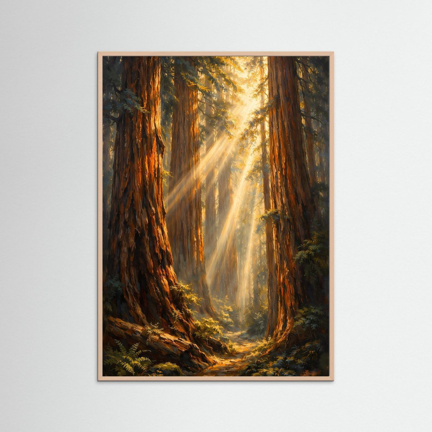 Wandposter im Hochformat mit rosafarbenem Holzrahmen: Redwood-Wald und goldene Lichtstrahlen