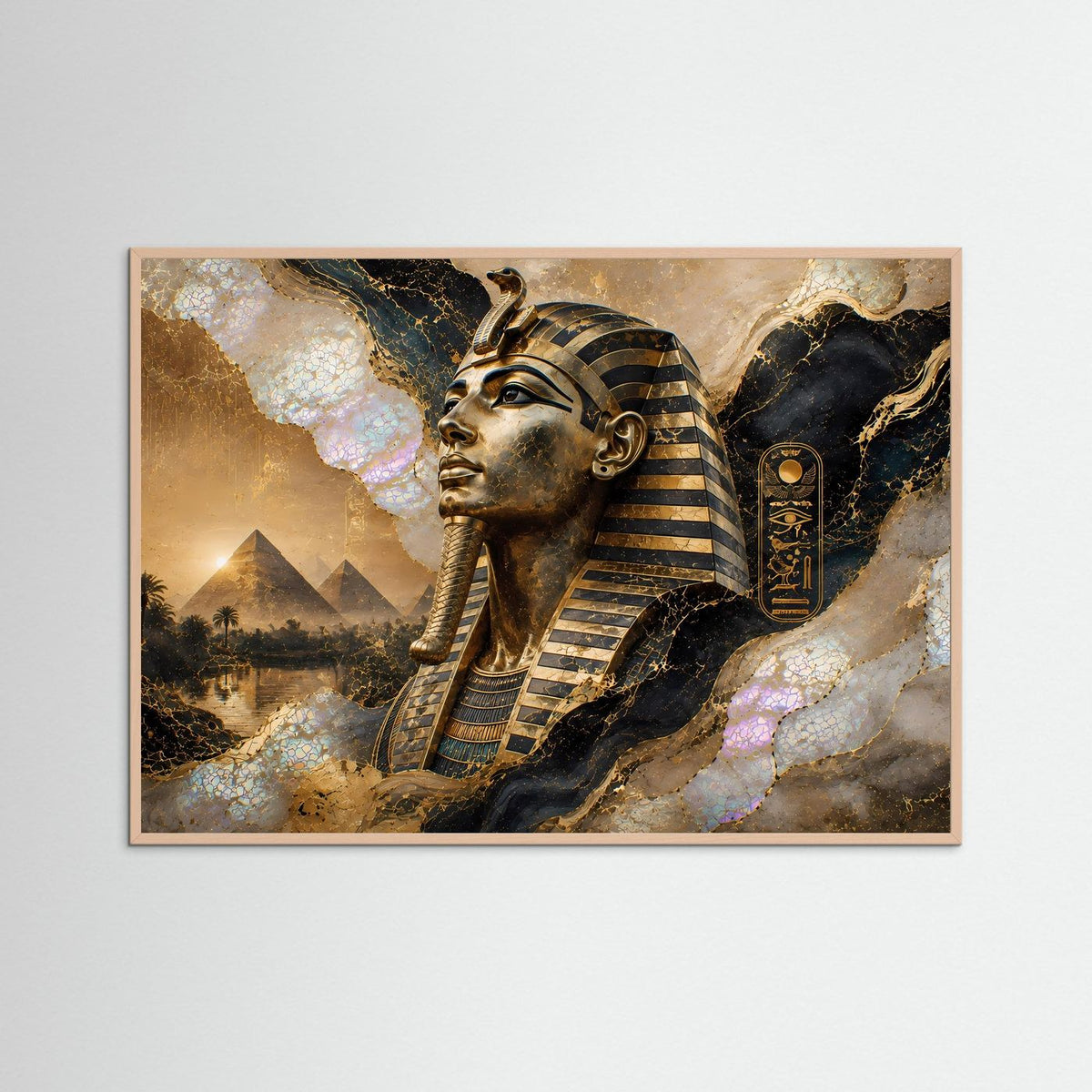 Querformat-Poster im Roséholzrahmen: ägyptischer Pharao in Gold und Perlmutt