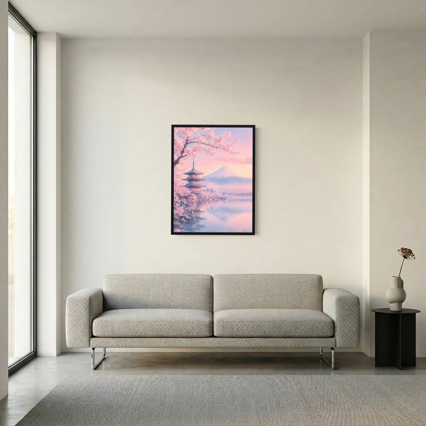 Hochformat-Poster mit Kirschblüten und Pagode vor Fuji, Pastellrosa, schwarze Einfassung