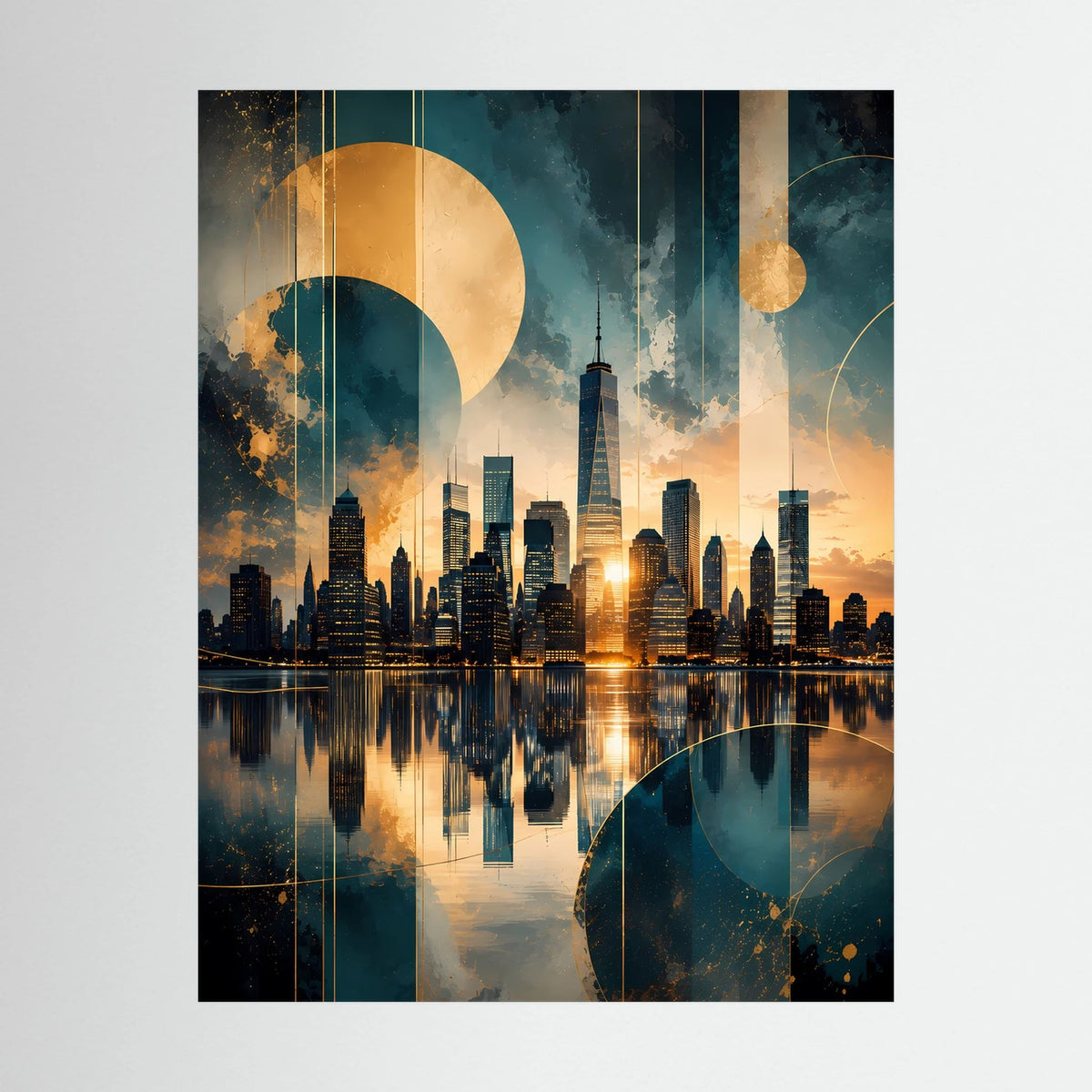 Abstraktes Hochformat-Poster mit goldener Skyline, petrolen Flächen und Lichtern auf Wasser