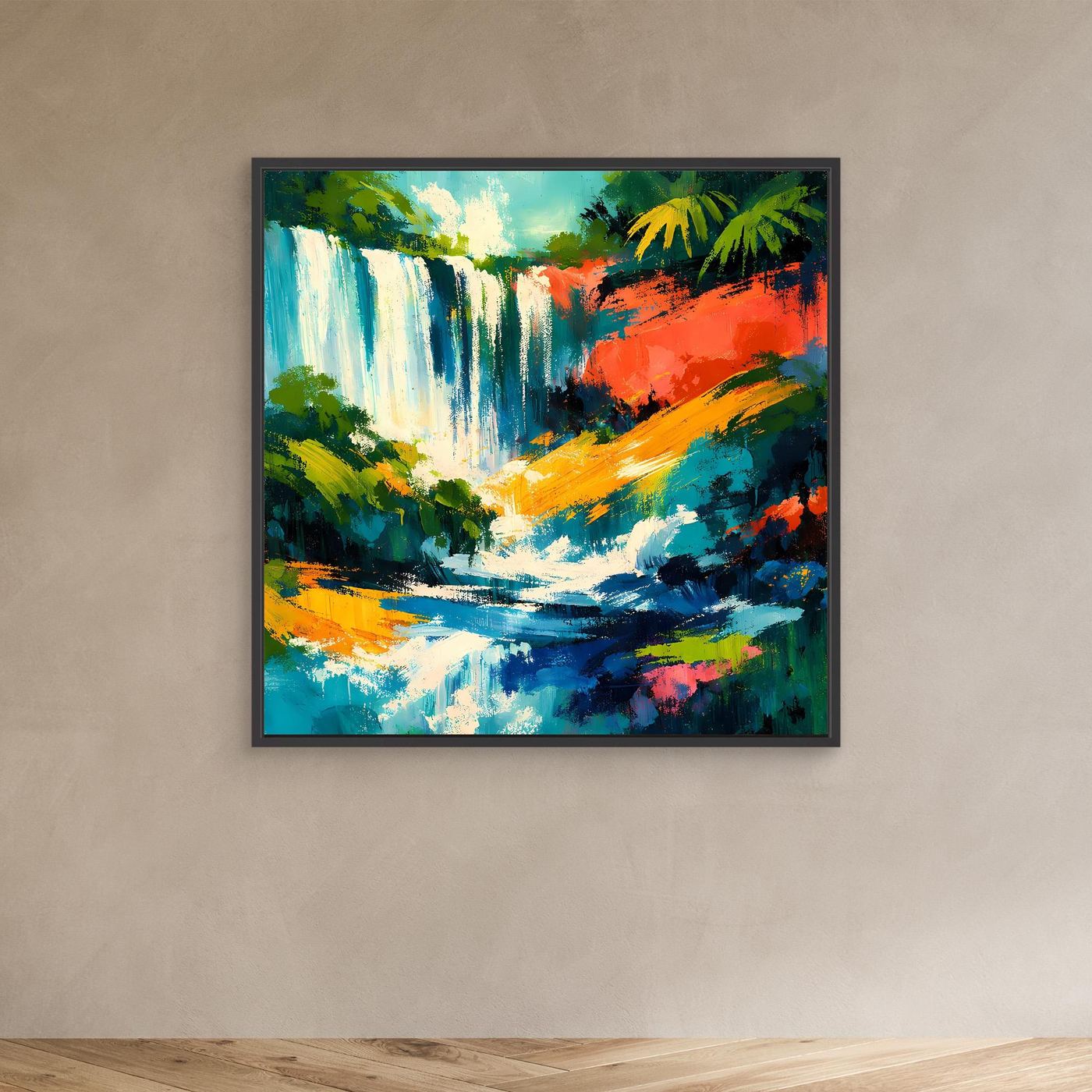 Abstraktes Leinwandbild mit tropischem Wasserfall, schwarzer Rahmen