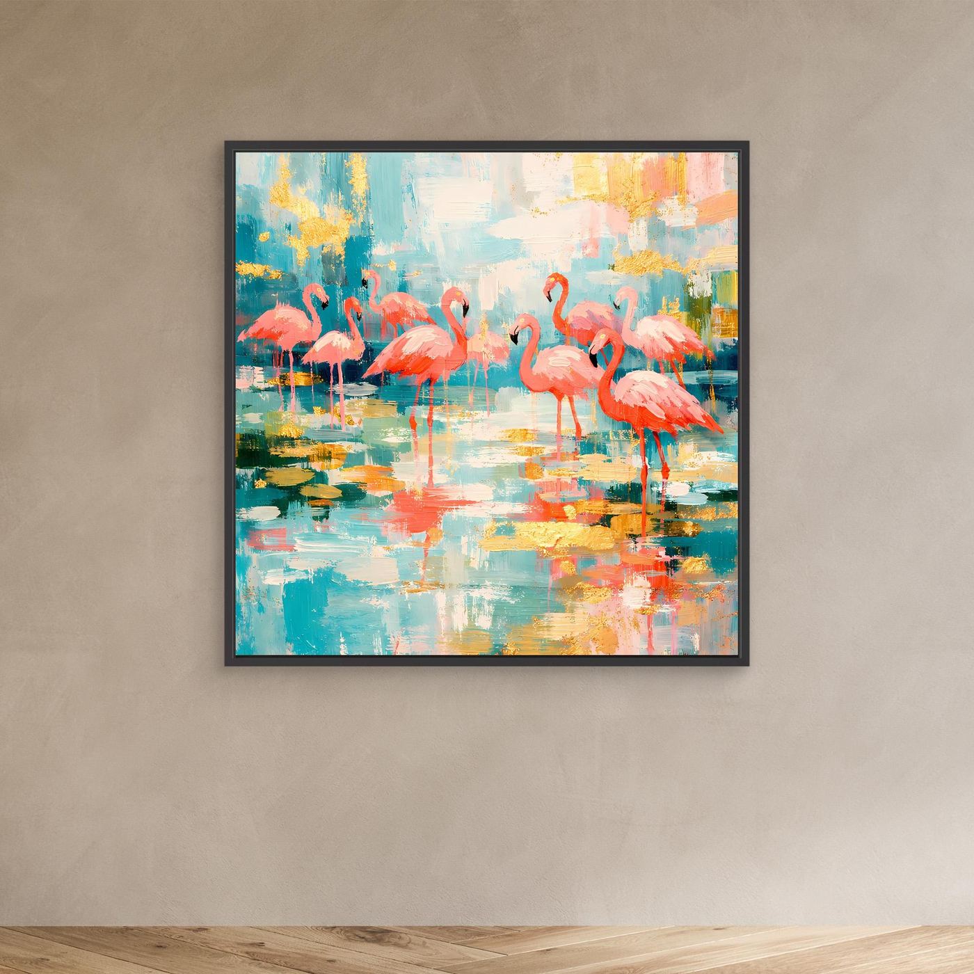 Leinwandbild mit Flamingos auf abstraktem See im schwarzen Rahmen