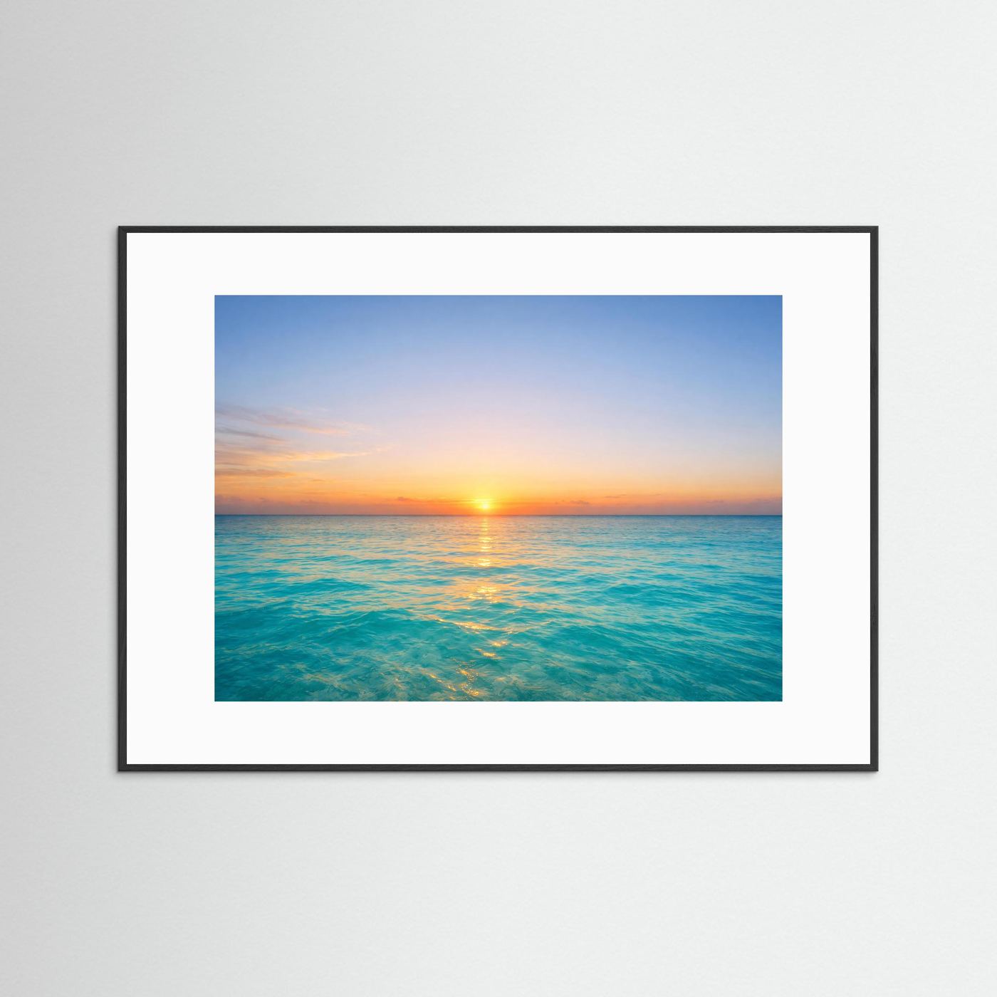 Poster im Querformat mit schwarzem Rahmen und weißem Passepartout: Sonnenuntergang