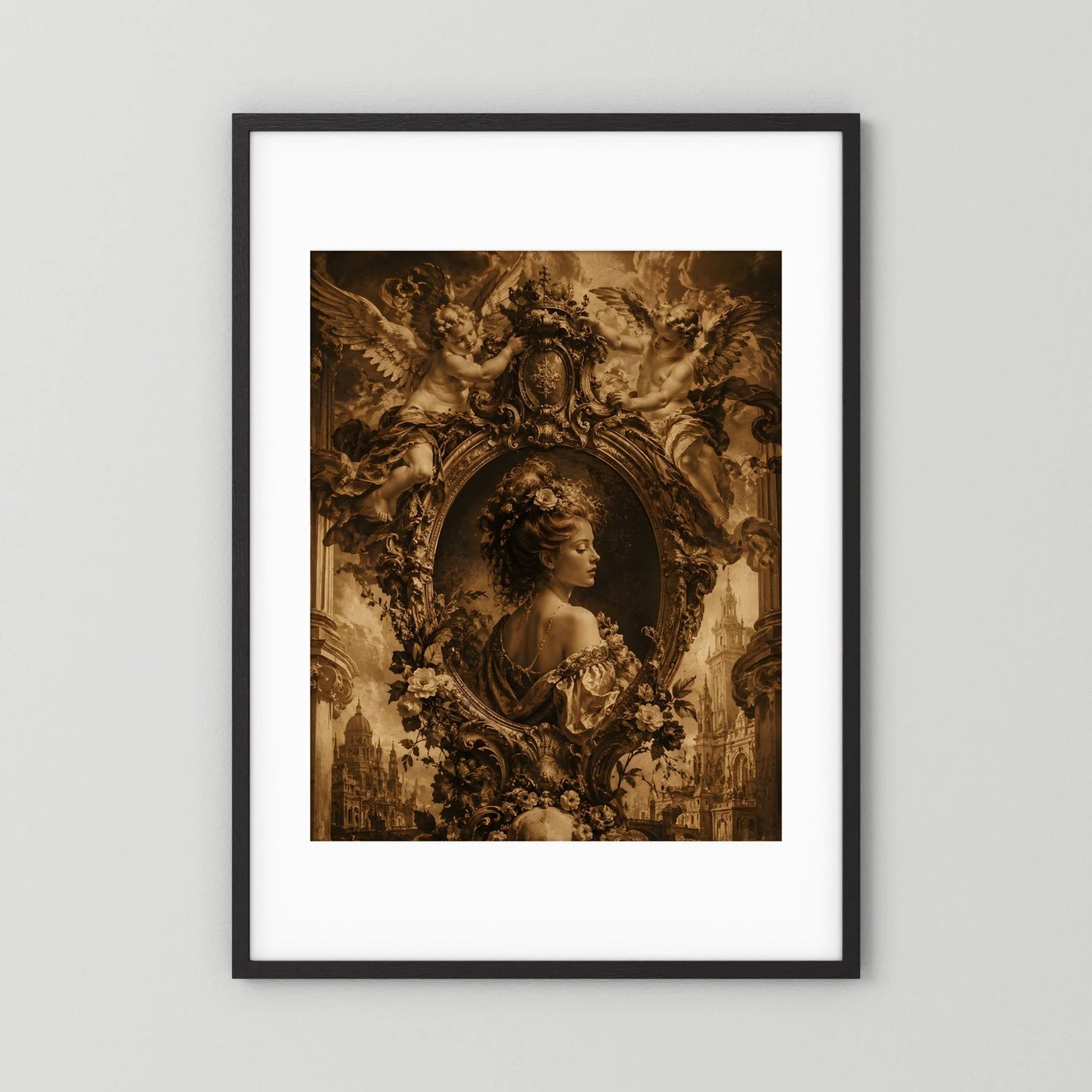 Gothic-Poster im Hochformat mit barocker Frau im Oval, Engelsfiguren und Blumenornamenten, weiß-matt