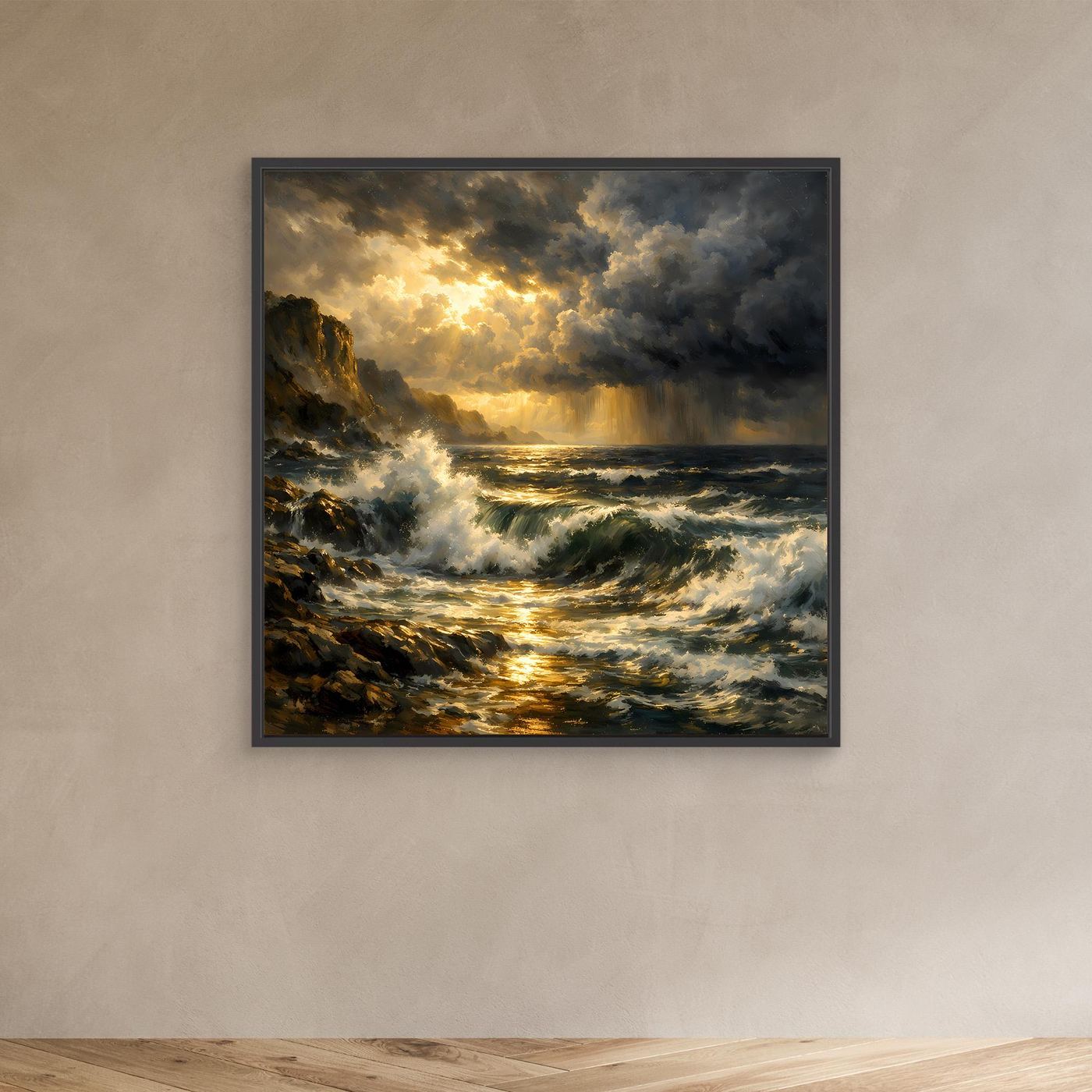 Leinwandbild mit stürmischem Meer und goldenem Licht, Wellen und Felsen, schwarzer Rahmen