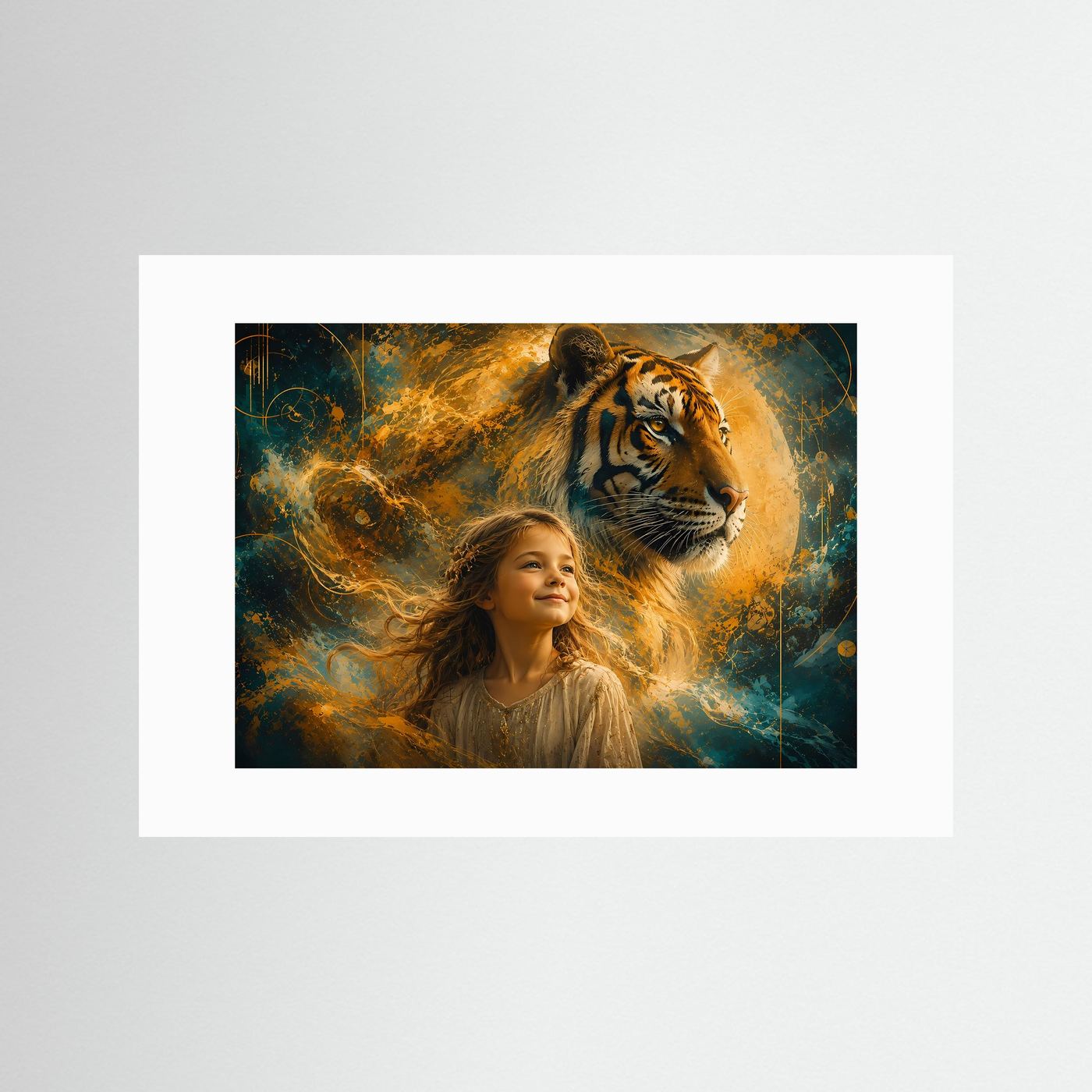 Mädchen mit Tiger | Abstraktes Schutz & Stärke Wandbild