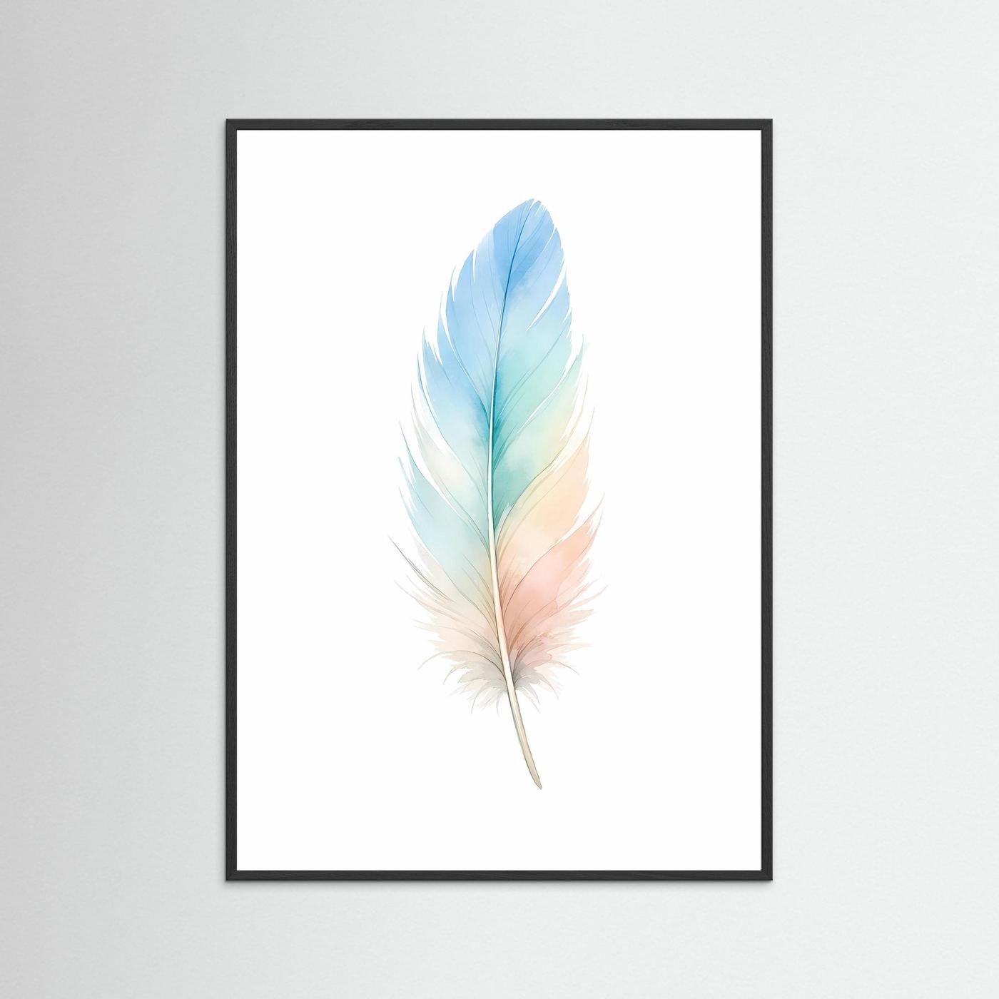 Poster mit Aquarell-Feder im Pastellverlauf von Blau bis Pfirsich im schwarzen Rahmen, hochkant