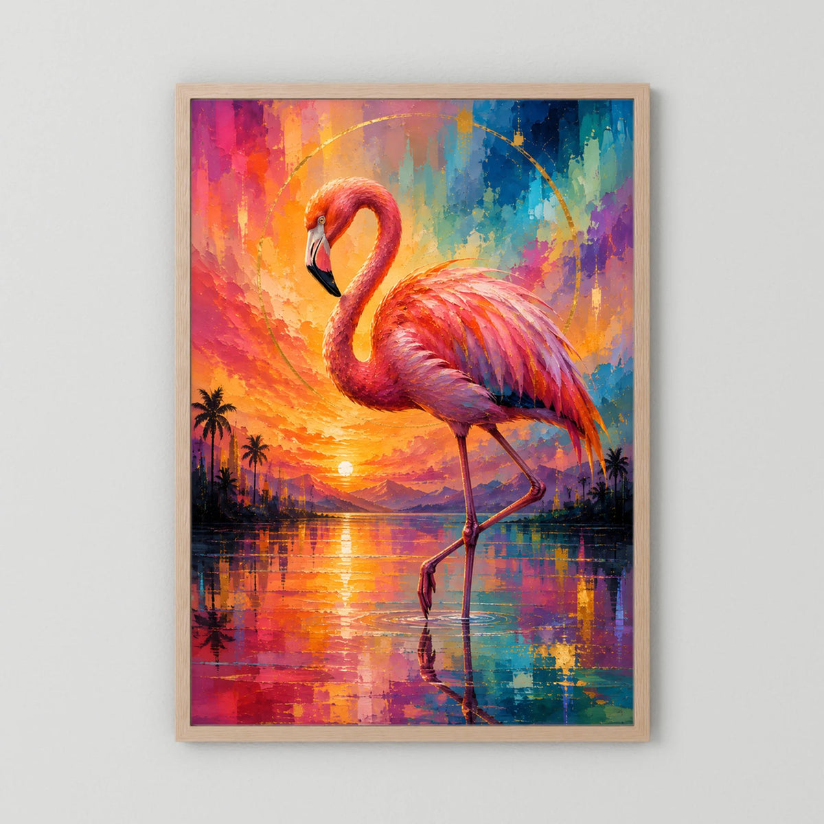Kunstposter im Hochformat mit Flamingo-Motiv, naturfarbener Holzrahmen