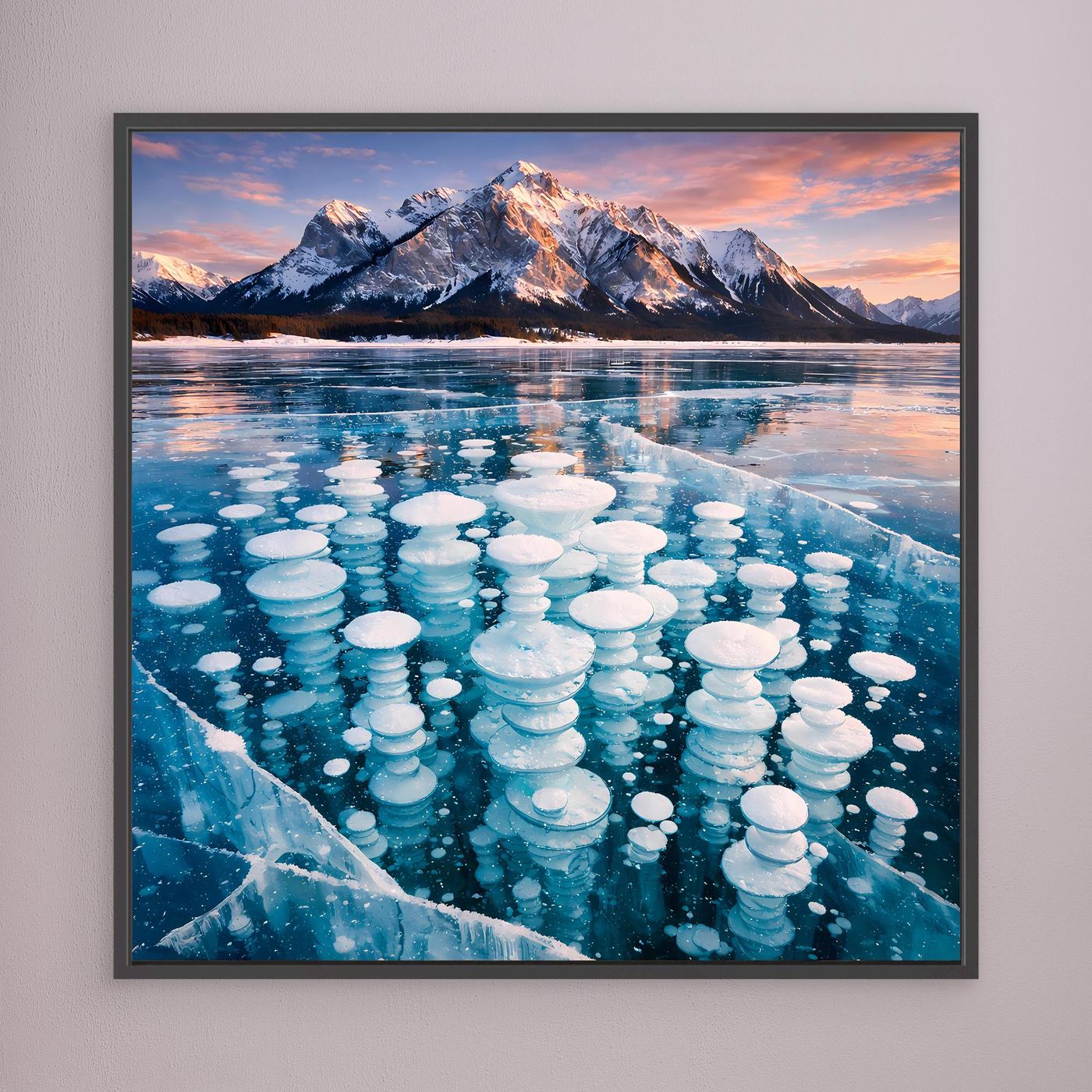 Leinwandbild mit schwarzem Rahmen: gefrorene Blasen im See, Berge, spiegelnde Wasserlinie