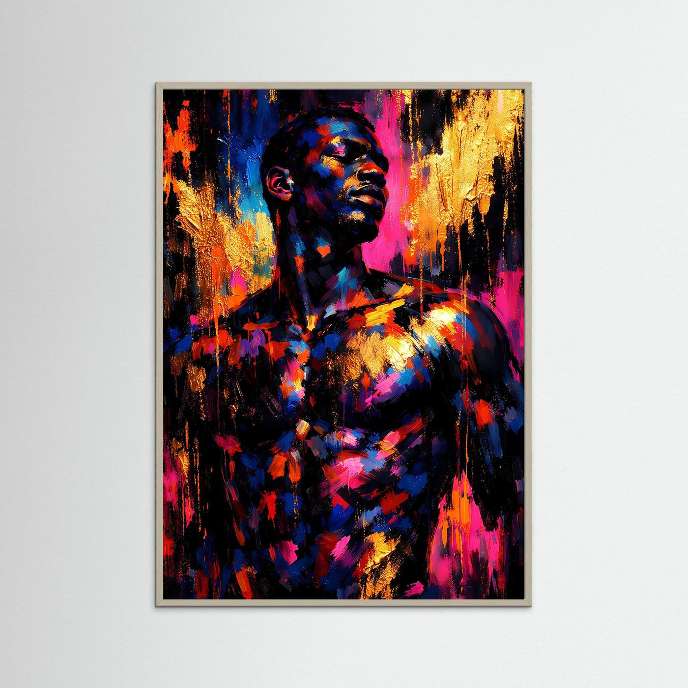 Abstraktes Kunstposter mit männlichem Porträt, Blau/Magenta/Gold, grauer Rahmen