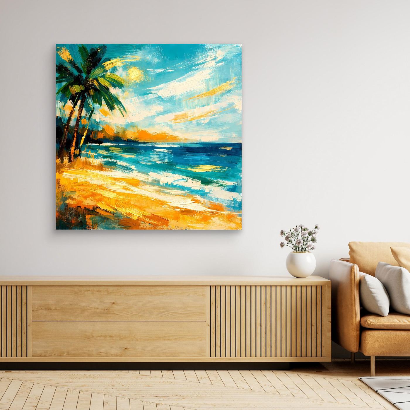 Leinwandbild mit abstrakter Palme am Strand, blaues Meer, orangefarbene Küste