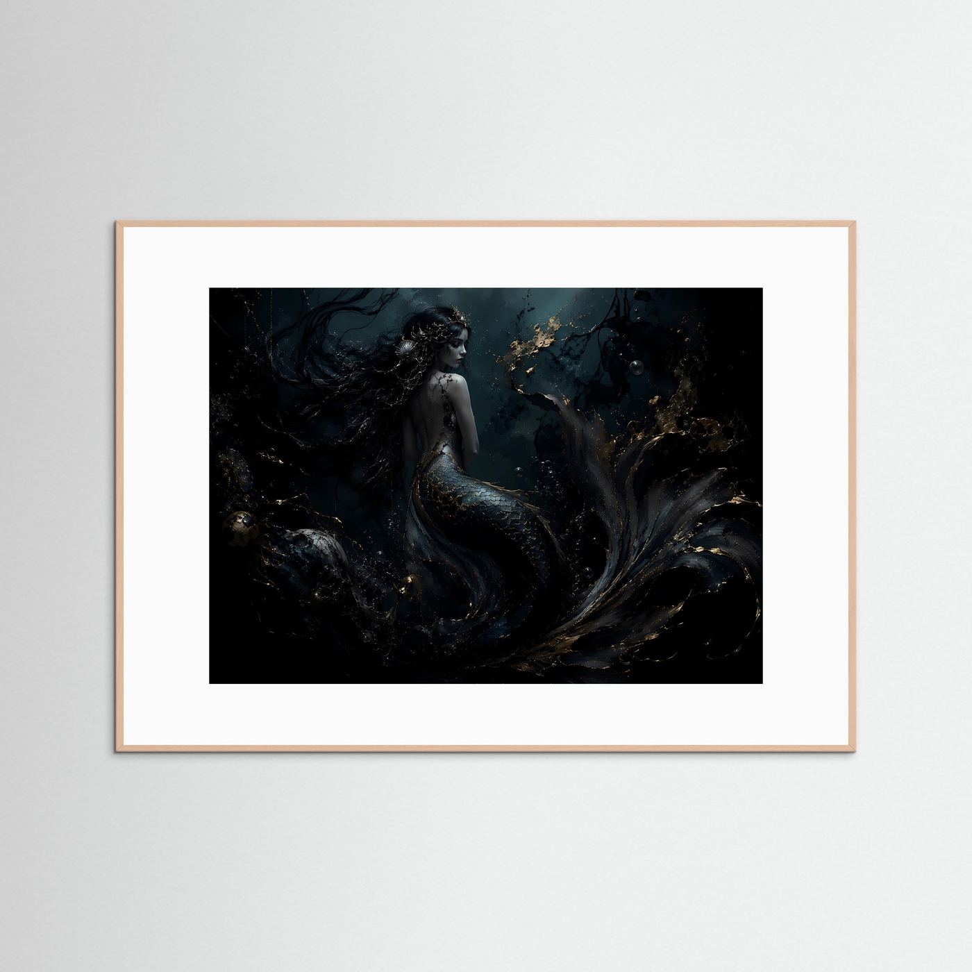 Meerjungfrau Poster | Mystische Unterwasser Kunst | Dunkle Fantasy Wanddeko | Gold Schwarz Leinwandbild | Elegante Meereskunst