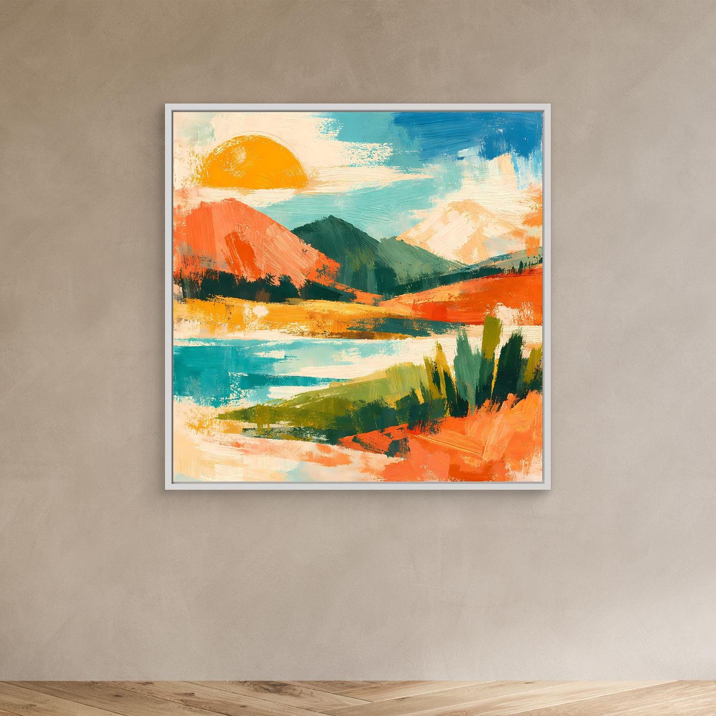 Gerahmtes Leinwandbild mit abstrakter See- und Berglandschaft, orange Sonne, hellbrauner Rahmen