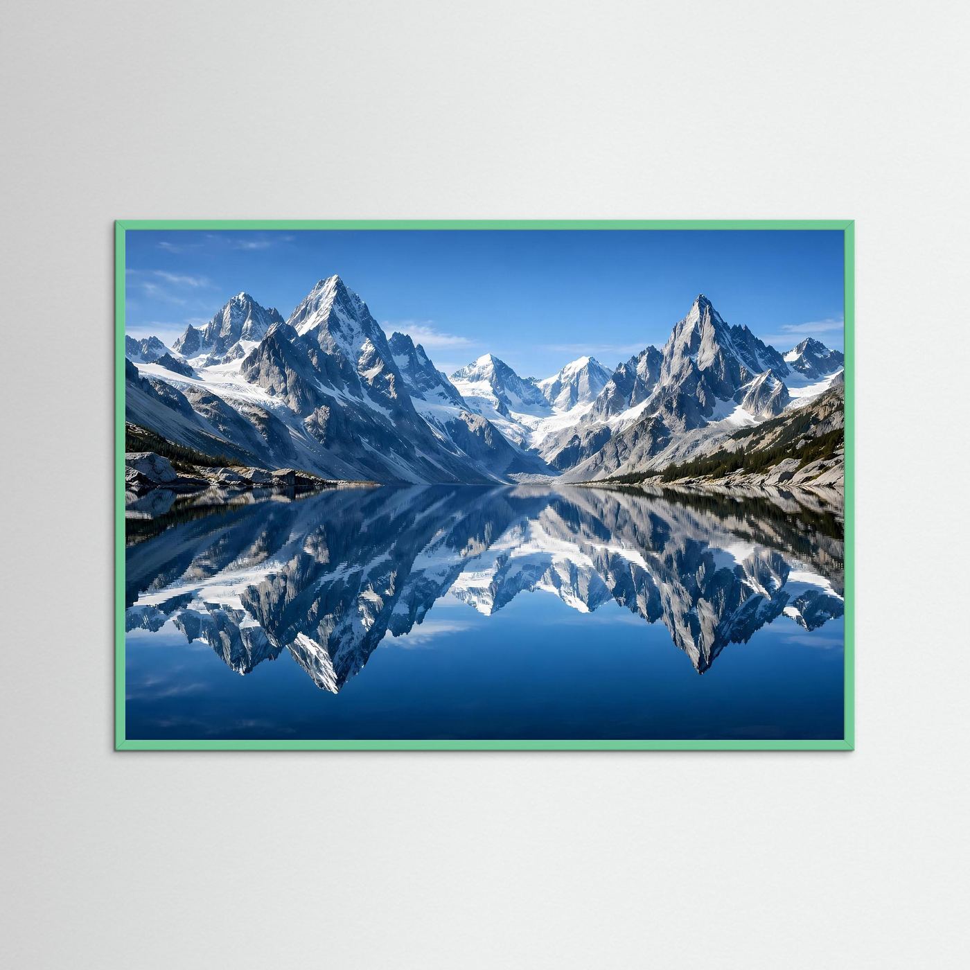Alpen-Wandposter mit spiegelndem See und Bergpanorama, grüner Rahmen