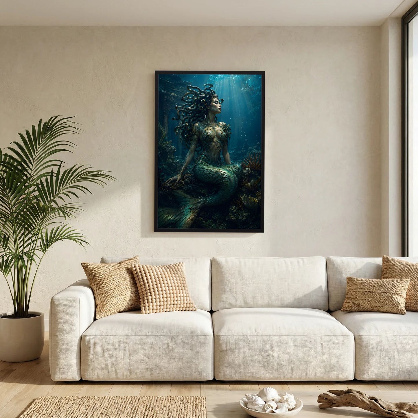 Fantasy-Poster mit Meerjungfrau in Smaragd & Türkis, Schlangenhaar, schwarzer Rahmen