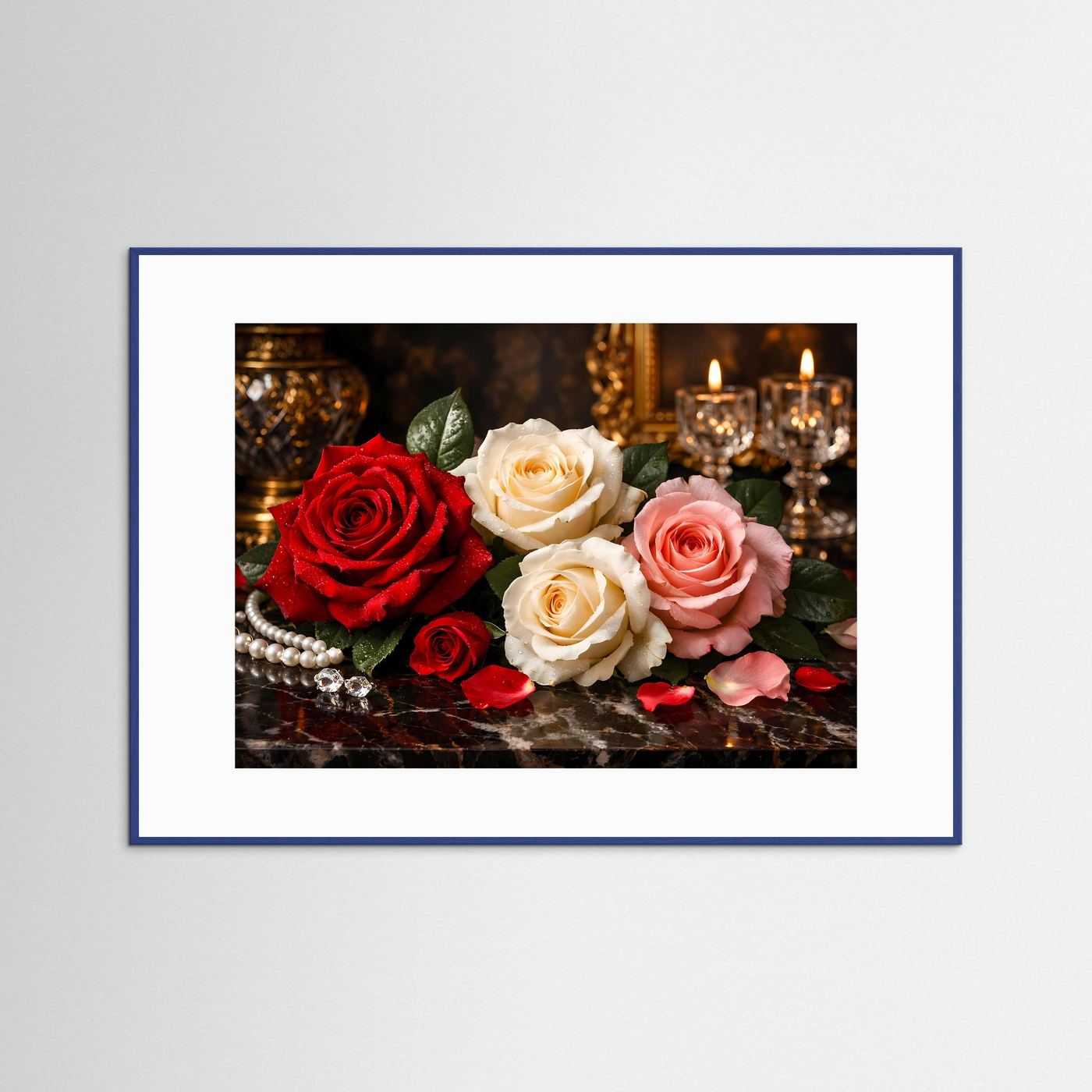Gerahmtes Blumenposter mit blauem Rahmen: Rosen und Kerzen